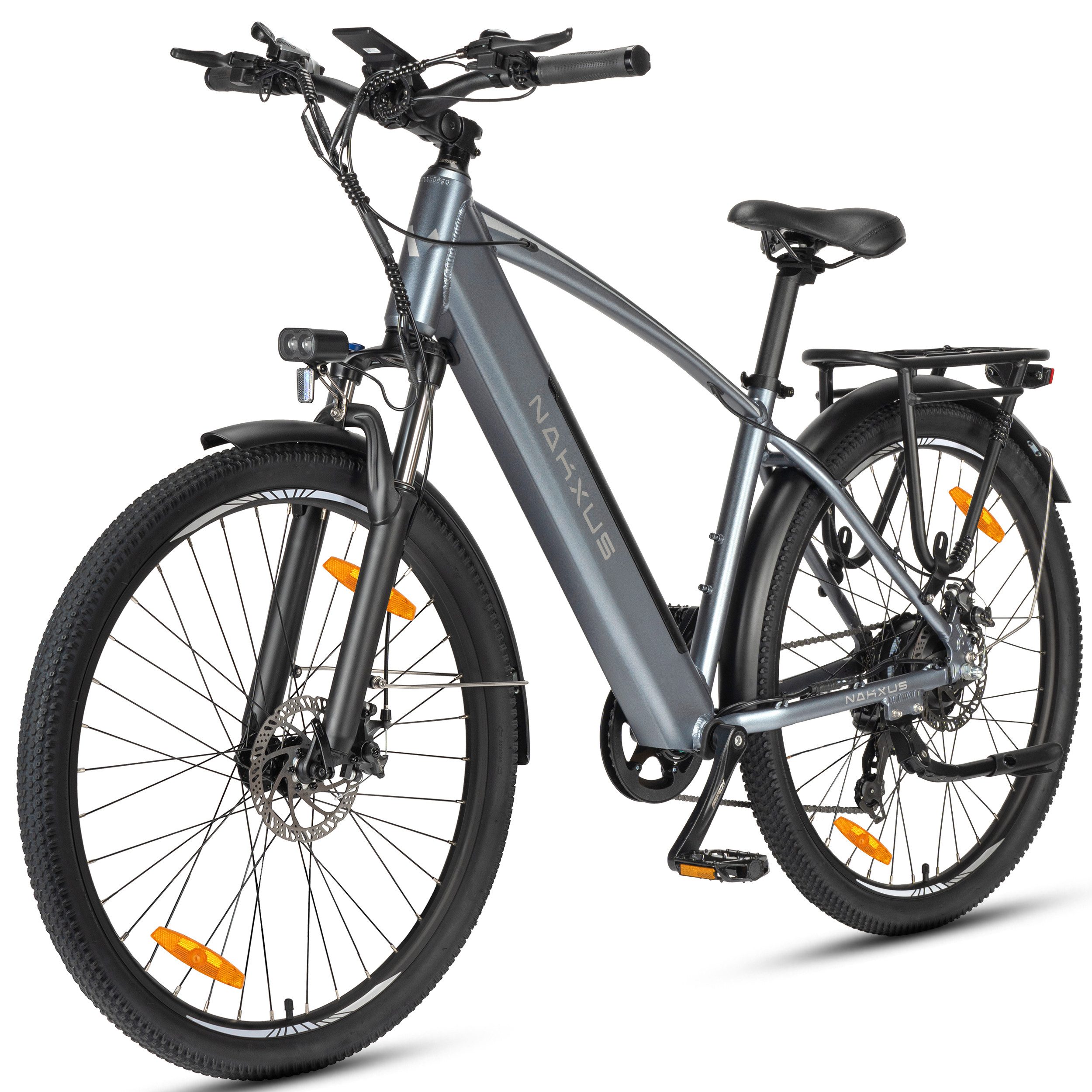 Vankel E-Bike Trekkingrad 27,5 Zoll Trekkingrad für Damen und Herren, 7 Gang, 450Wh max.70Km, 7 Gang Schimano Schaltwerk, Kettenschaltung, Heckmotor, 450 Wh, City Pedelec mit digitalem Display, leicht und aufladbar