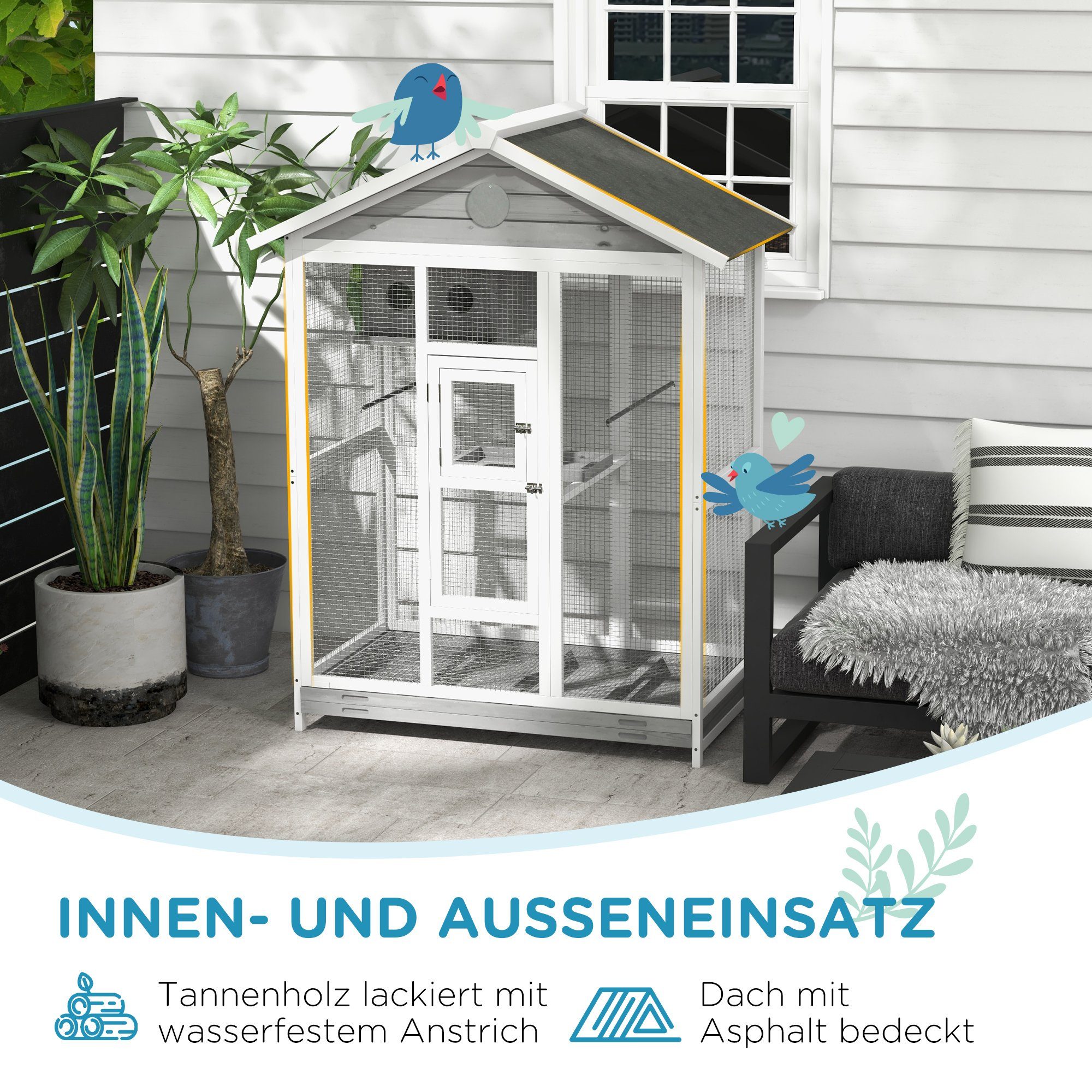 PawHut Vogelkäfig Vogelvoliere aus Holz groß Wellensittichkäfig mit 4 Sitzstangen, für Kanarienvögel, Tanne, 112 x 68 x 154 cm