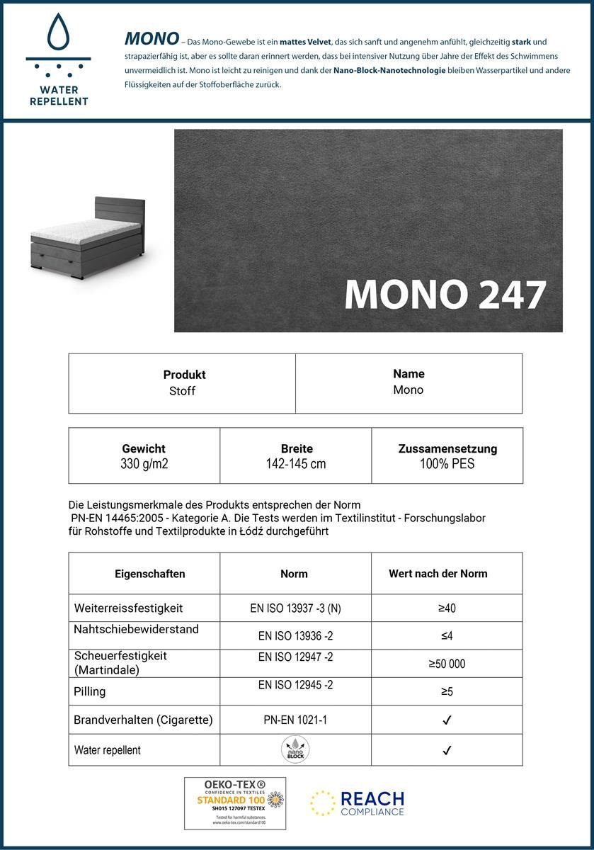 modernes Federkernmatratze, 247) cm (mono im Boxspring (kleines Eric inkl. Bett, Topper, Einzelbett Dunkelgrau 90 Stil, Boxspringbett Beautysofa Bettkasten),