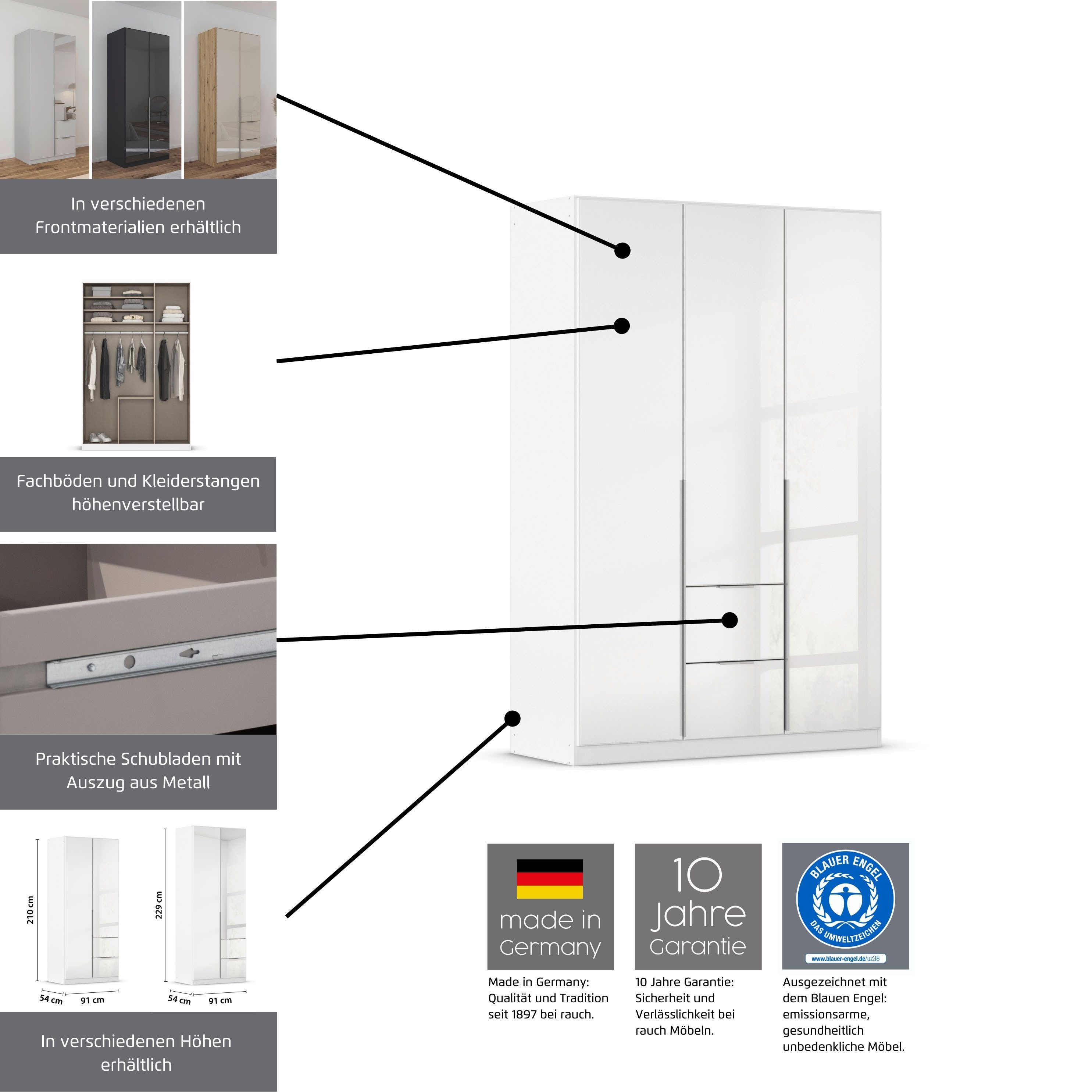 OTTO home Drehtürenschrank Kleiderschrank Schrank Garderobe AGORDO mit Dekor- oder Hochglanzfront (in zwei Griff-Farben, Breiten 91-360 cm) mit Außenschubkästen, in 7 Breiten und 2 Höhen MADE IN GERMANY