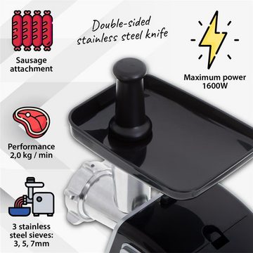 Camry Fleischwolf CR 4812, 1600 Watt, 3 Edelstahlsiebe, 2 Stufen, 2 kg Fleisch Zerkleinerer, Würste und Hackfleisch zubereiten, Edelstahl, schwarz/silber