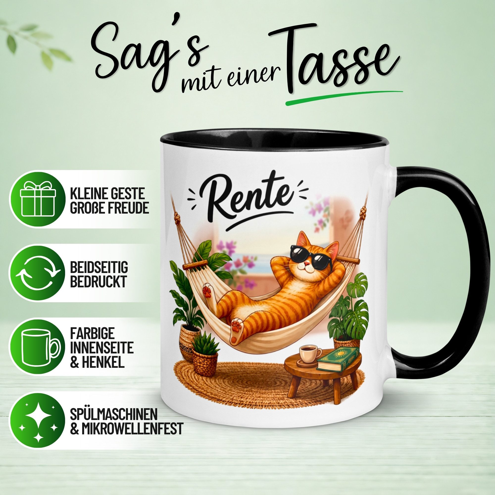 Momentals Tasse Rente – „Katze - Ab jetzt gibt’s nur noch Samstage“ – Renteneintritt, Gratis Versand · Links-&Rechtshänder · Spülmaschinenfest