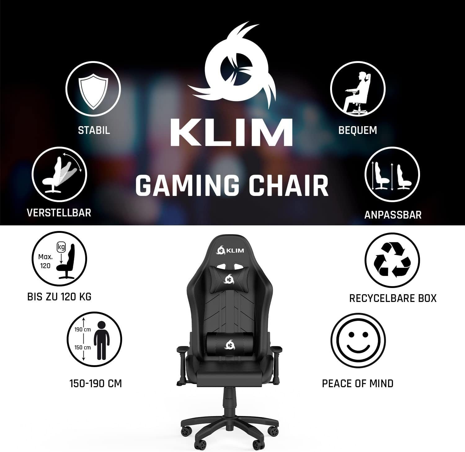 KLIM Gaming-Stuhl 1st Gaming Stuhl, Ergonomischer Sitzmöglichkeit, Hochwertige Qualität, Stylischer Stuhl fürs Gaming