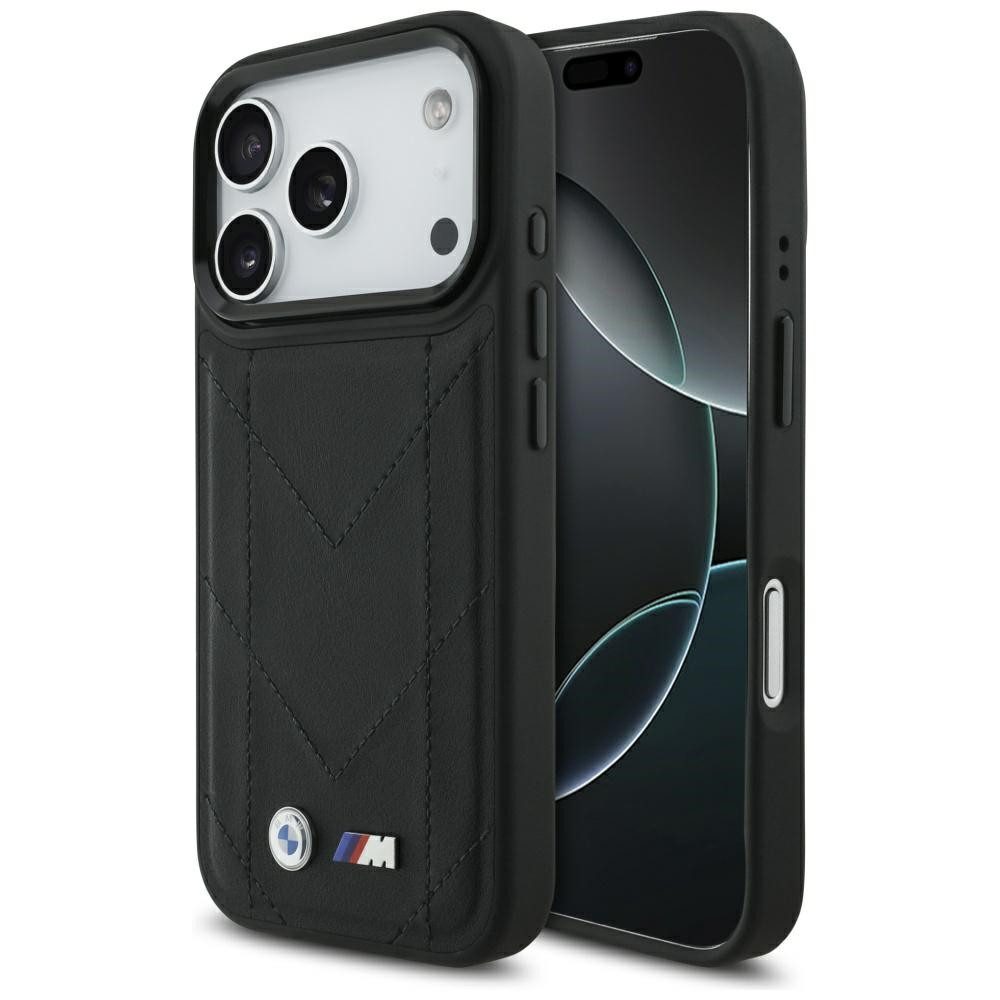 BMW Handyhülle MagSafe iPhone 17 Pro Kunstleder schwarz Logo Metall 6,3 Zoll, Kantenschutz