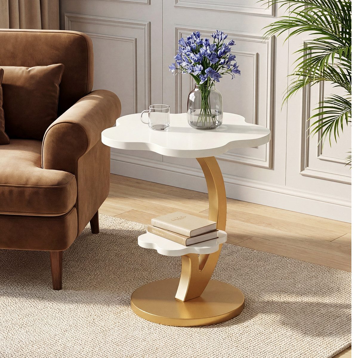 Tribesigns Beistelltisch 2-stöckiger Couchtisch, Sofatisch, Luxus-Akzenttisch (Blumen-Nachttisch mit C-förmigem Goldgestell, für kleine Wohnzimmer)