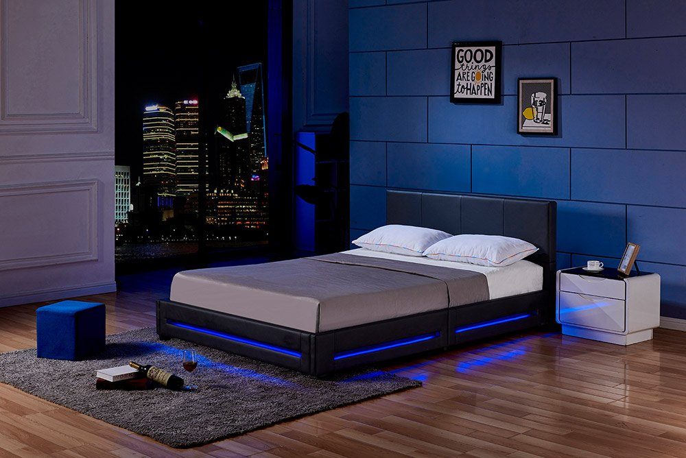 HOME DELUXE Bett LED Bett ASTEROID (Set, 3-tlg., inkl. Lattenrost, Matratze & LED Beleuchtung),  160 x 200 cm gepolstertes Kopfteil, Polsterbett, Kunstlederbett