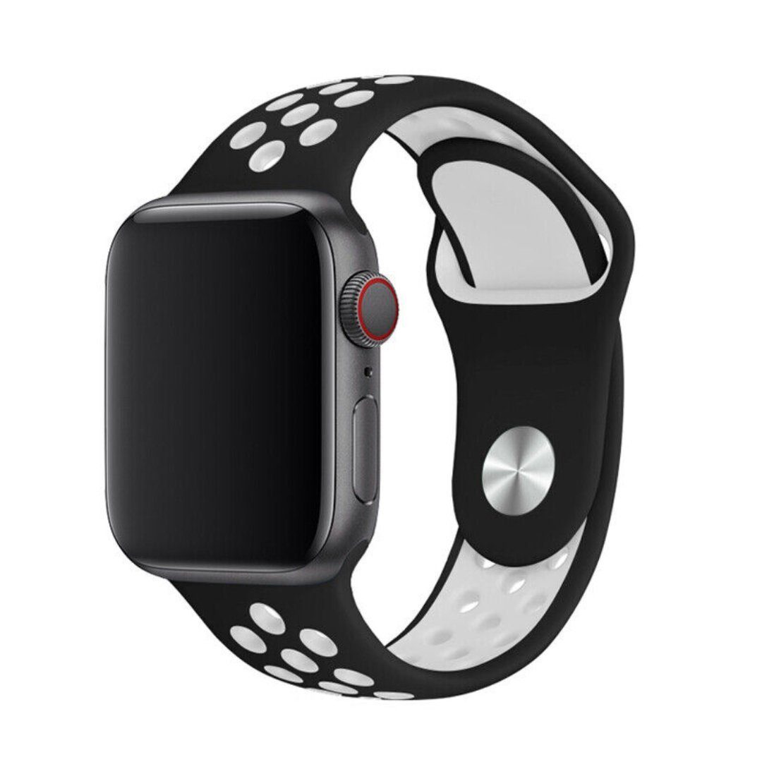 SmartUP Uhrenarmband Sport Silikon Armband für Apple Watch 1/2/3/4/5/6/7/8 SE Ultra, Sportband 38/40/41mm 42/44/45/49mm, Silikon Ersatz Armband #1 Schwarz-Weiß | Uhrenarmbänder