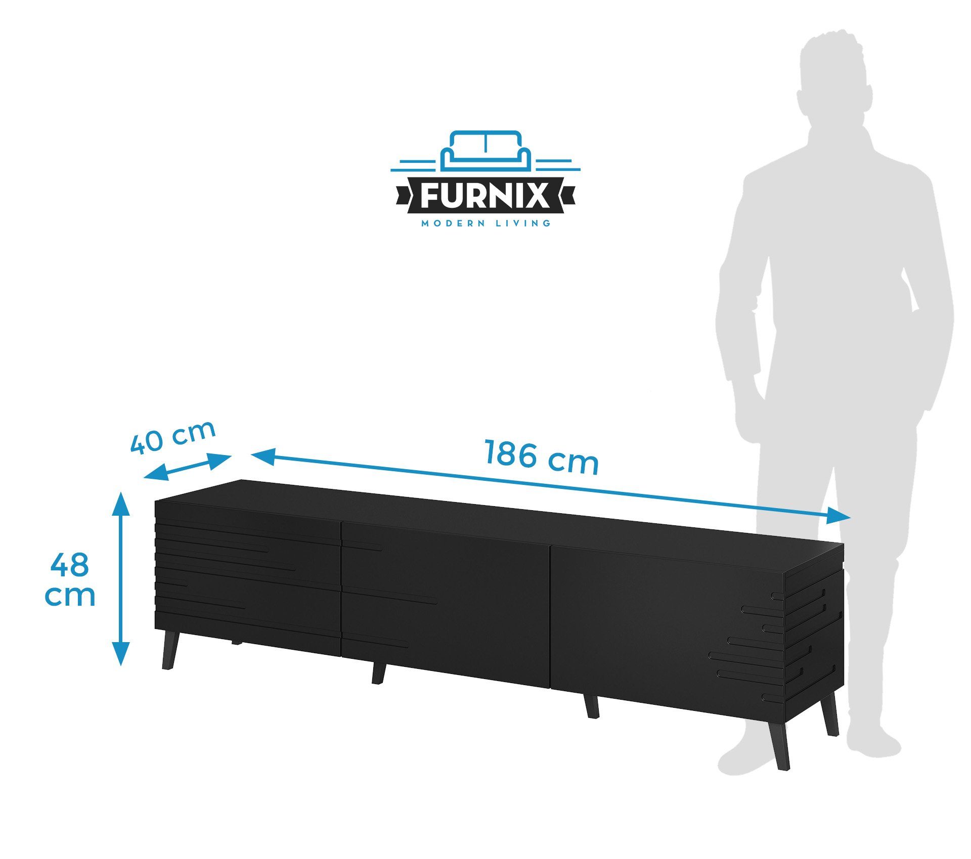 Schwarz gefrästen dekorativen x Maße: Fronten cm Furnix NEVILLA TV-Schrank x B186 Fernsehschrank T40 H48 mit