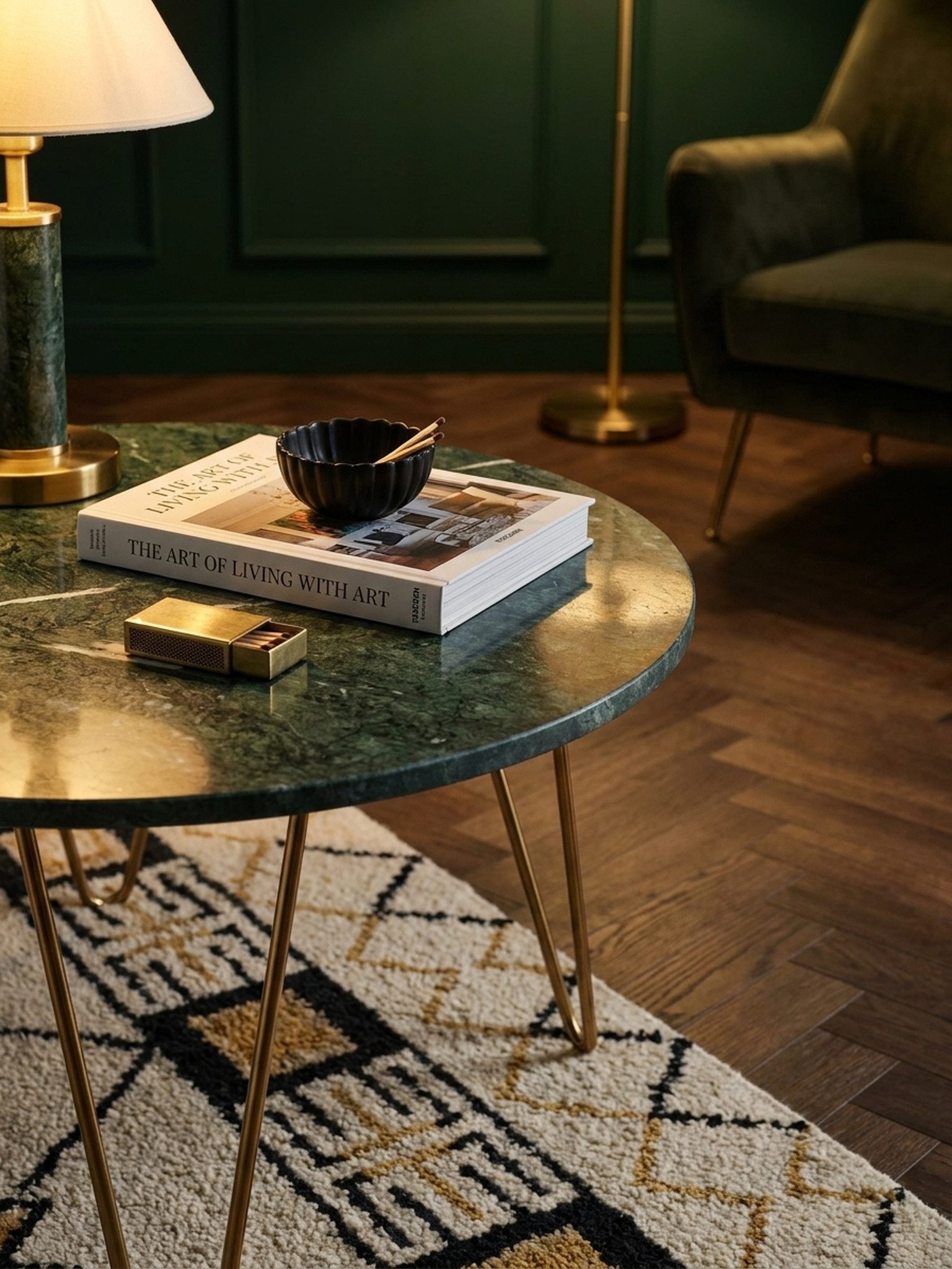 KADIMA DESIGN Couchtisch Couchtisch Echter Marmor Grün 70x70x35 cm Sofatisch Metall Gold, (Groß, Kaffeetisch Haarnadelbeine), Design Dreibein Wohnzimmertisch Rund Modern, Marmortisch Loungetisch