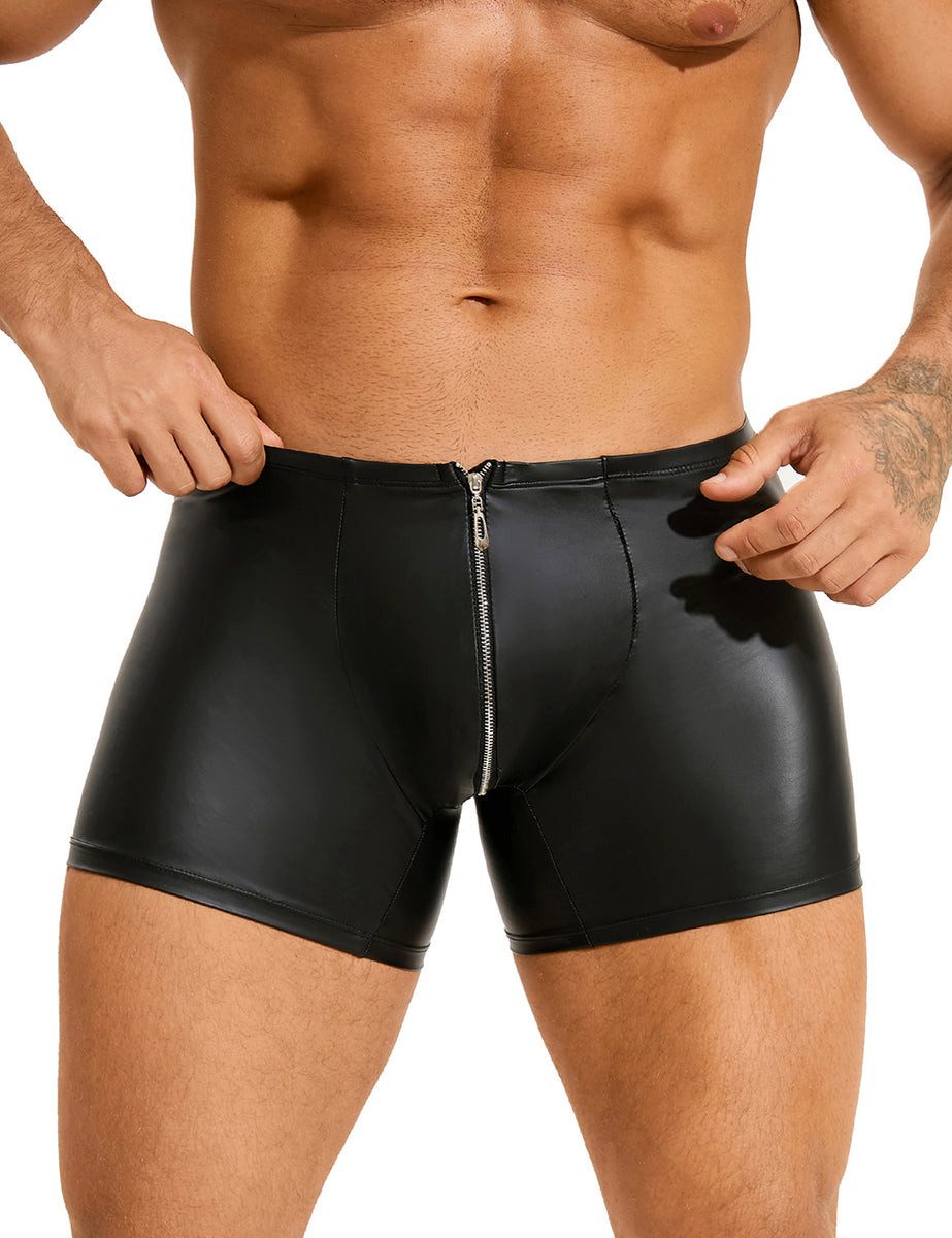 Lau-Fashion Boxershorts Herren Boxer in Lederoptik mit Reißverschluss, Schwarz