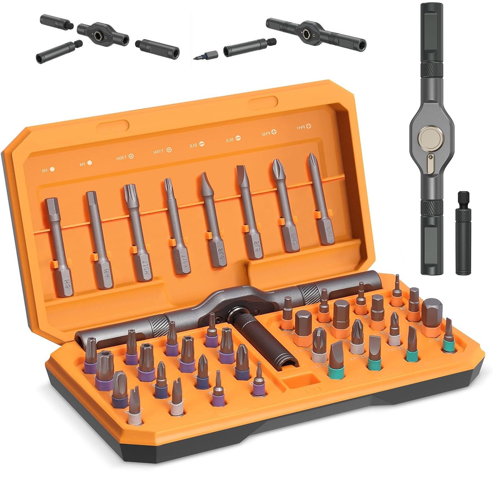 BlingBin Bit- und Steckschlüsselset 42 in 1 Magnetischer Ratschen Schraubendreher Set, S2 Magnetische Биты, 42er Set, 1-St., 42 Stück, Reparatur-Werkzeugset mit Abnehmbarem T-Griff, für DIY, Möbel, Fahrrad