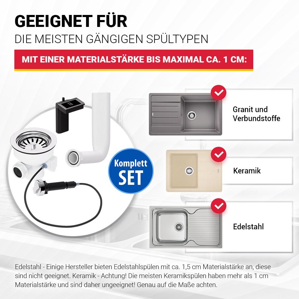 AQUADE Siebventil 114mm, 1-tlg., mit Drehexcenter und Abtropf-Überlauf für Küchenspüle