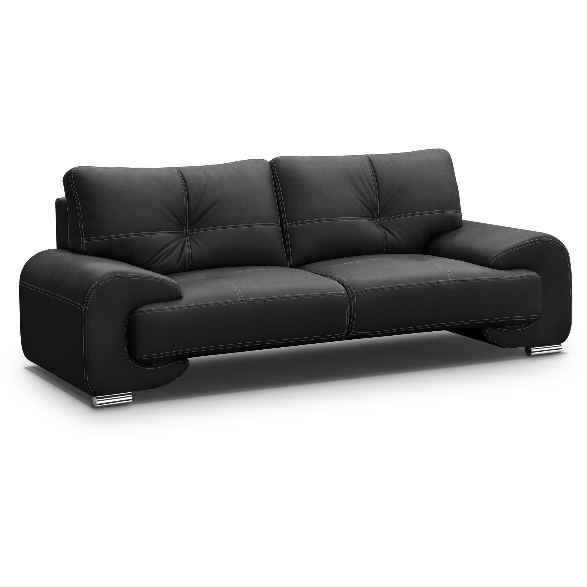 Beautysofa 3-Sitzer Maxime lux, 3-Sitzer Sofa im modernes Design, mit Wellenunterfederung, mit dekorativen Nähten, Kunstleder, Dreisitzer Schwarz (vega 99)
