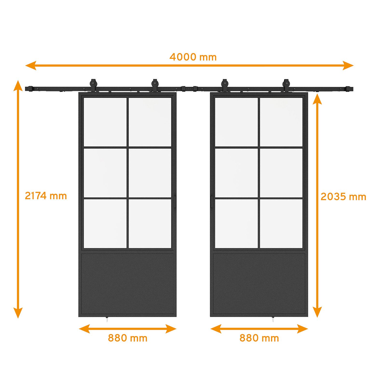 inova wohnen Doppelschiebetür Stahltür schwarz Klarglas, Komplett Set Laufschiene Softclose Loftstyle