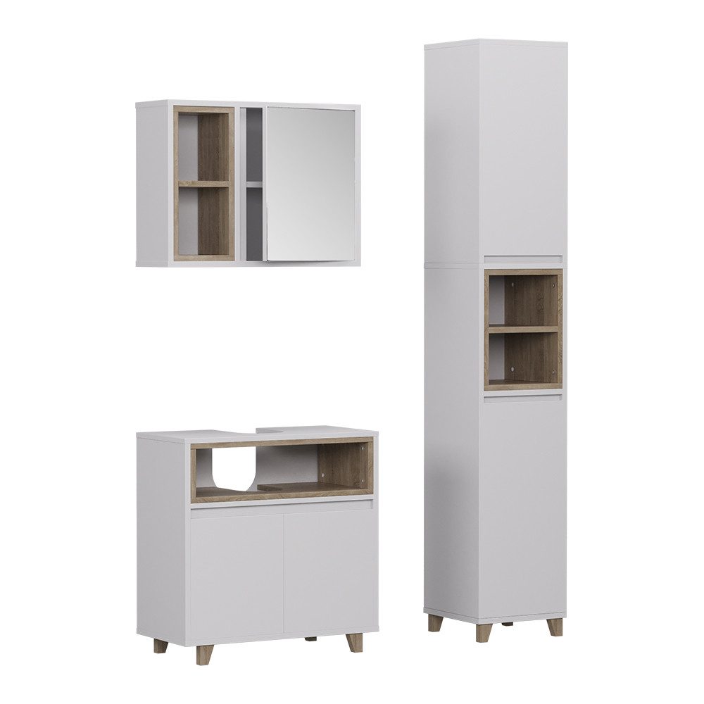 Vicco Badmöbel-Set Elnor, Weiß/Eiche, 3 Teile mit Hochschrank, (3-St., 3er Set)