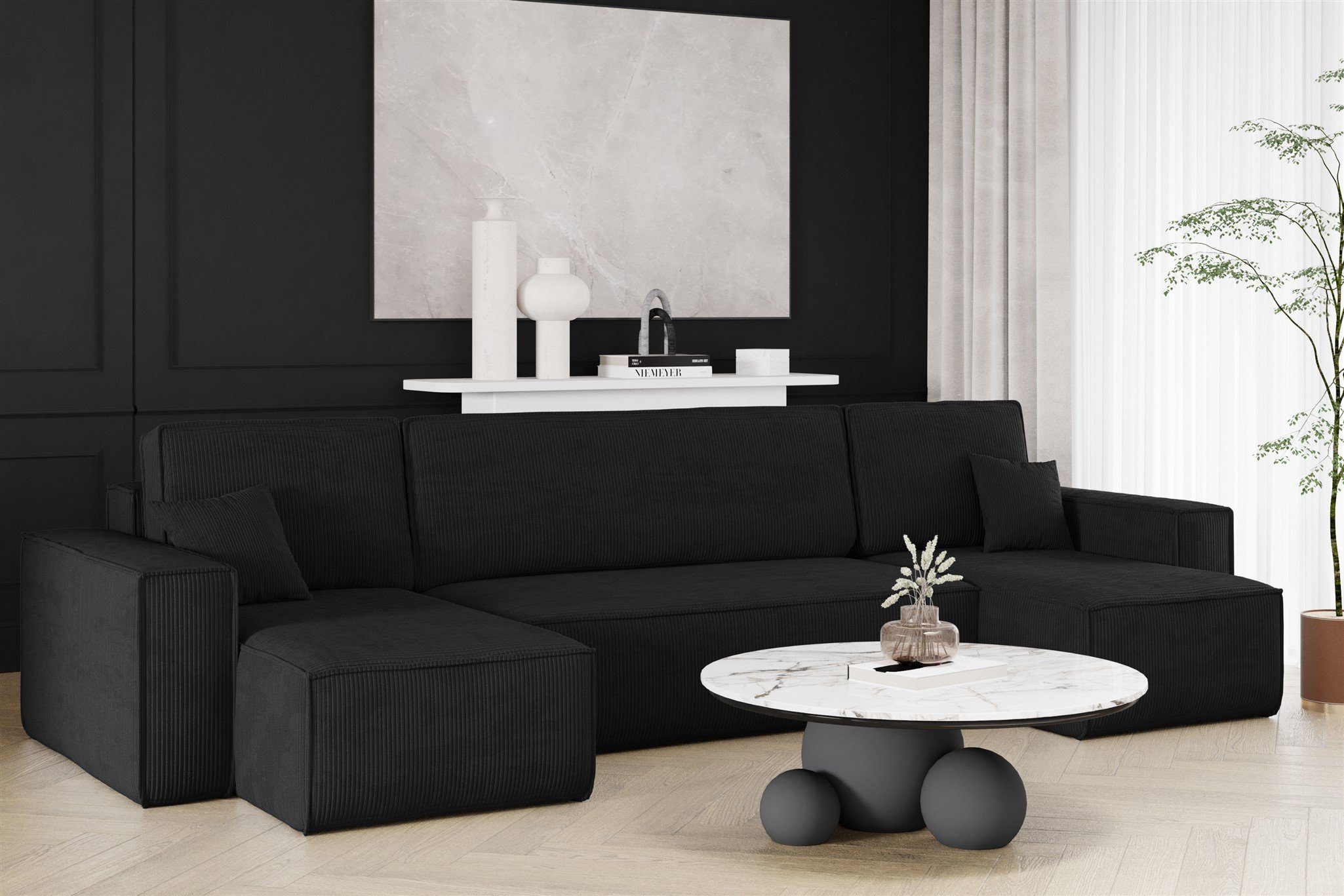 Fun Möbel Wohnlandschaft Wohnlandschaft Sofa Schlafsofa MARIS in Stoff Poso, mit Schlaffunktion, Rundumbezug Schwarz