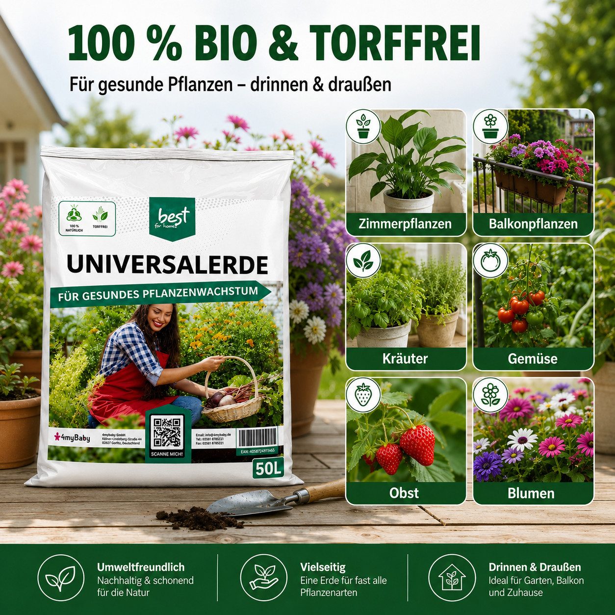 Best for Home Bio-Erde Bio-Blumenerde – Torffrei, für Zimmer- & Balkonpflanzen Universalerde, mit Organische Pflanzerde, (Einzelartikel, 1-St., 20L / 50L Sack), Bio und torffrei, ideal für Blumenbeete und Kübel