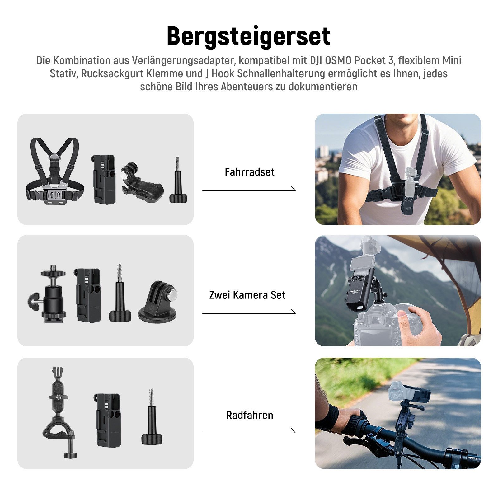 Neewer Kamerazubehör-Set 16 In 1 Zubehörset kompatibel mit DJI OSMO Pocket 3, (Packung), Verlängerung Adapter Bergsteigen Radfahren Dual Cam Vlog