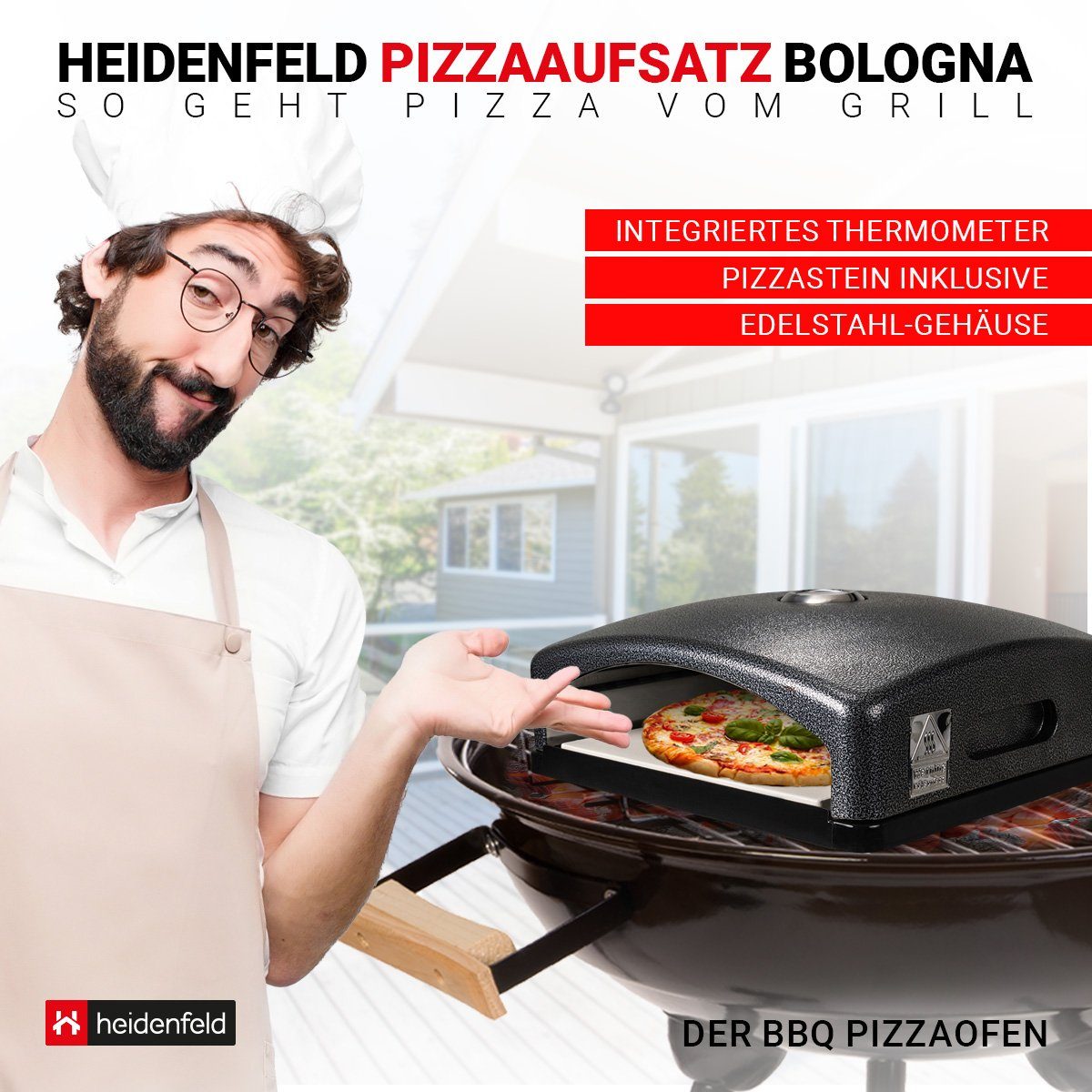 Heidenfeld Pizzaofen-Grillaufsatz Pizzaaufsatz für Gasgrill Bologna Pizzabox, Edelstahl, (geeignet für Gasgrill Gas Holzkohlegrill, Hitzedämmung, 1-St., 2 x seitliche Griffe, leichte & schnelle Reinigung per Hand), Pizzaofenaufsatz - Thermometer bis 540°C & Pizzastein Cordierit