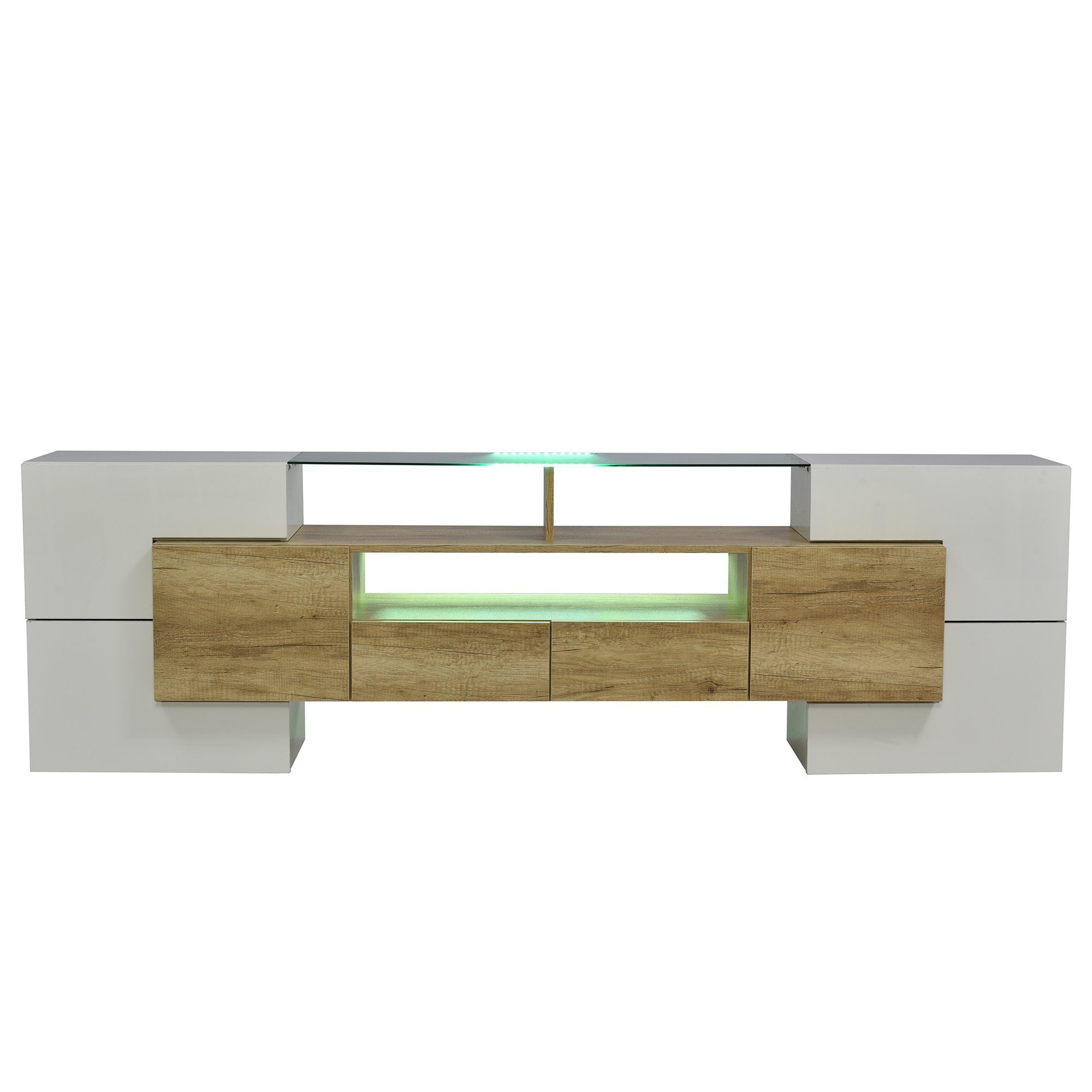 REDOM TV-Schrank Lowboard (1-St., Weiß, Glasoberfläche., Elegante cm) 200 Weiß+Natur LED-Beleuchtung