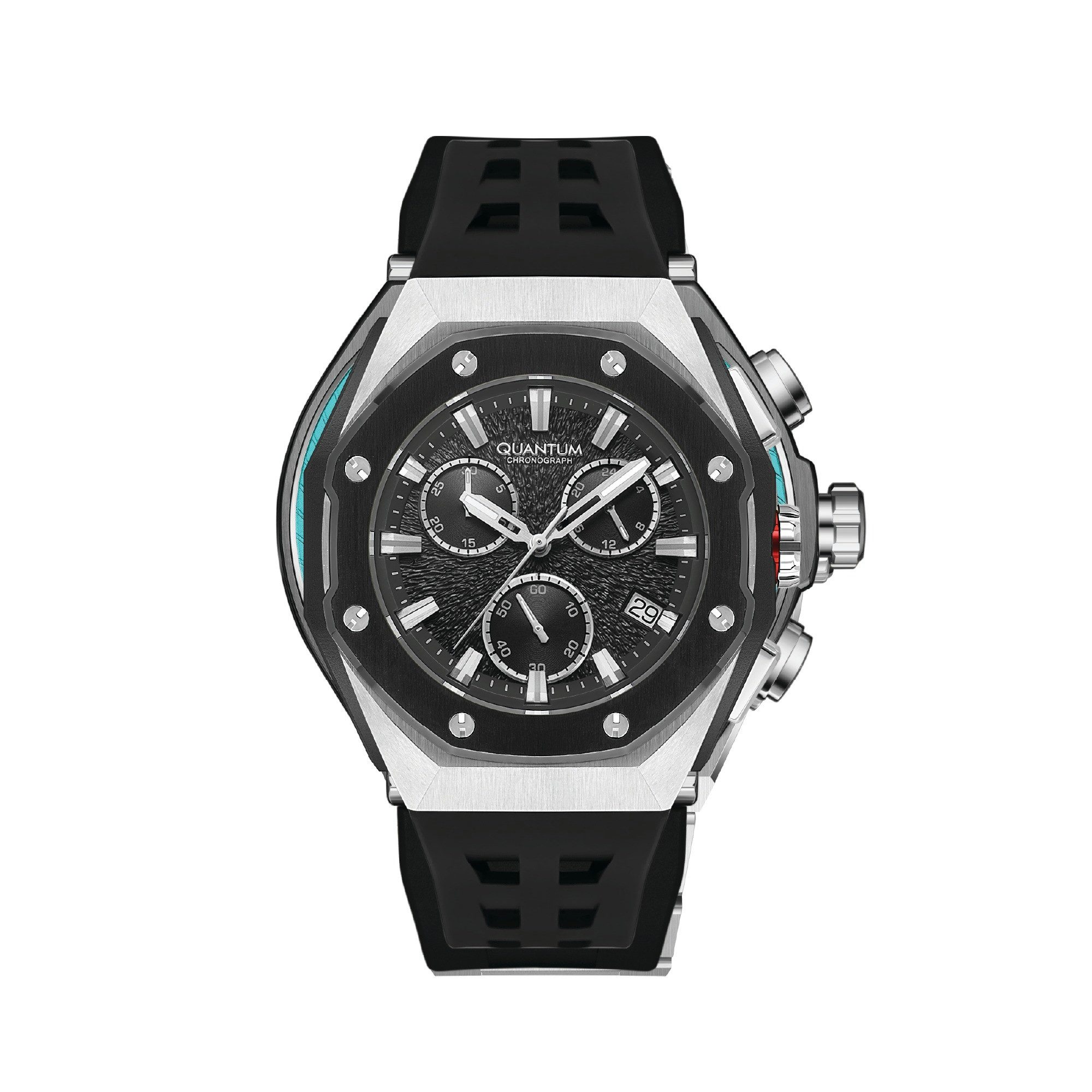 QUANTUM Chronograph Herrenuhr Silikonarmband, 52 mm, Herren Armbanduhr, 10 ATM wasserdicht schwarzes Zifferblatt, silber-schwarz – HNG1170.351, (1-tlg), Datum, Kristallglas, inkl. Geschenkbox
