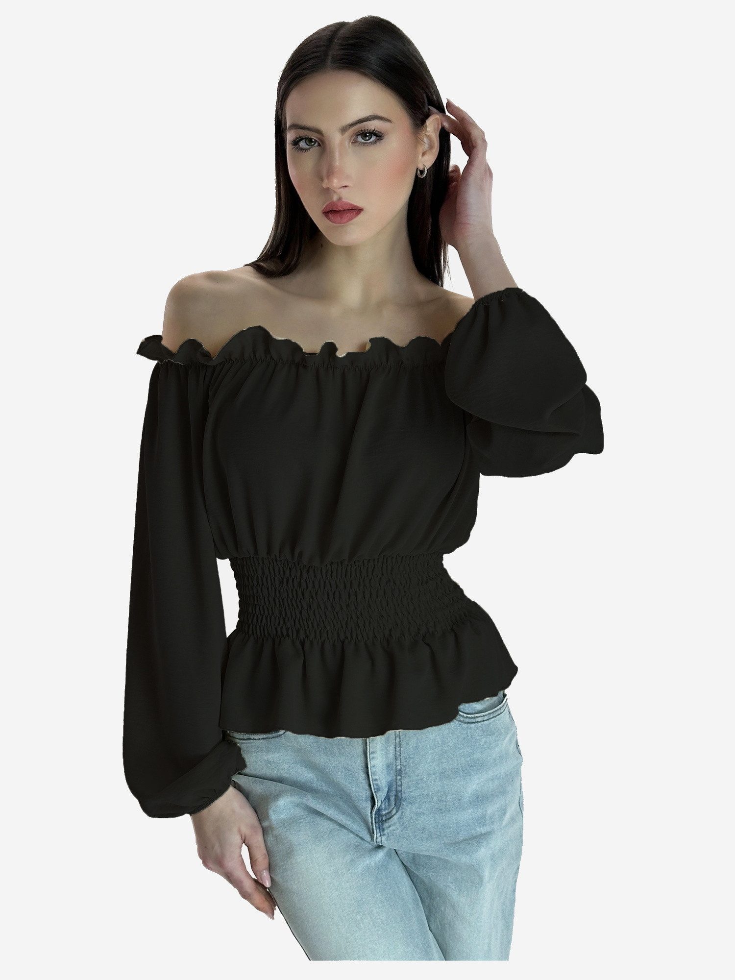 Elara Langarmbluse — Damen Off-Shoulder Bluse mit Smoktaille, Rüschen & Langarm
