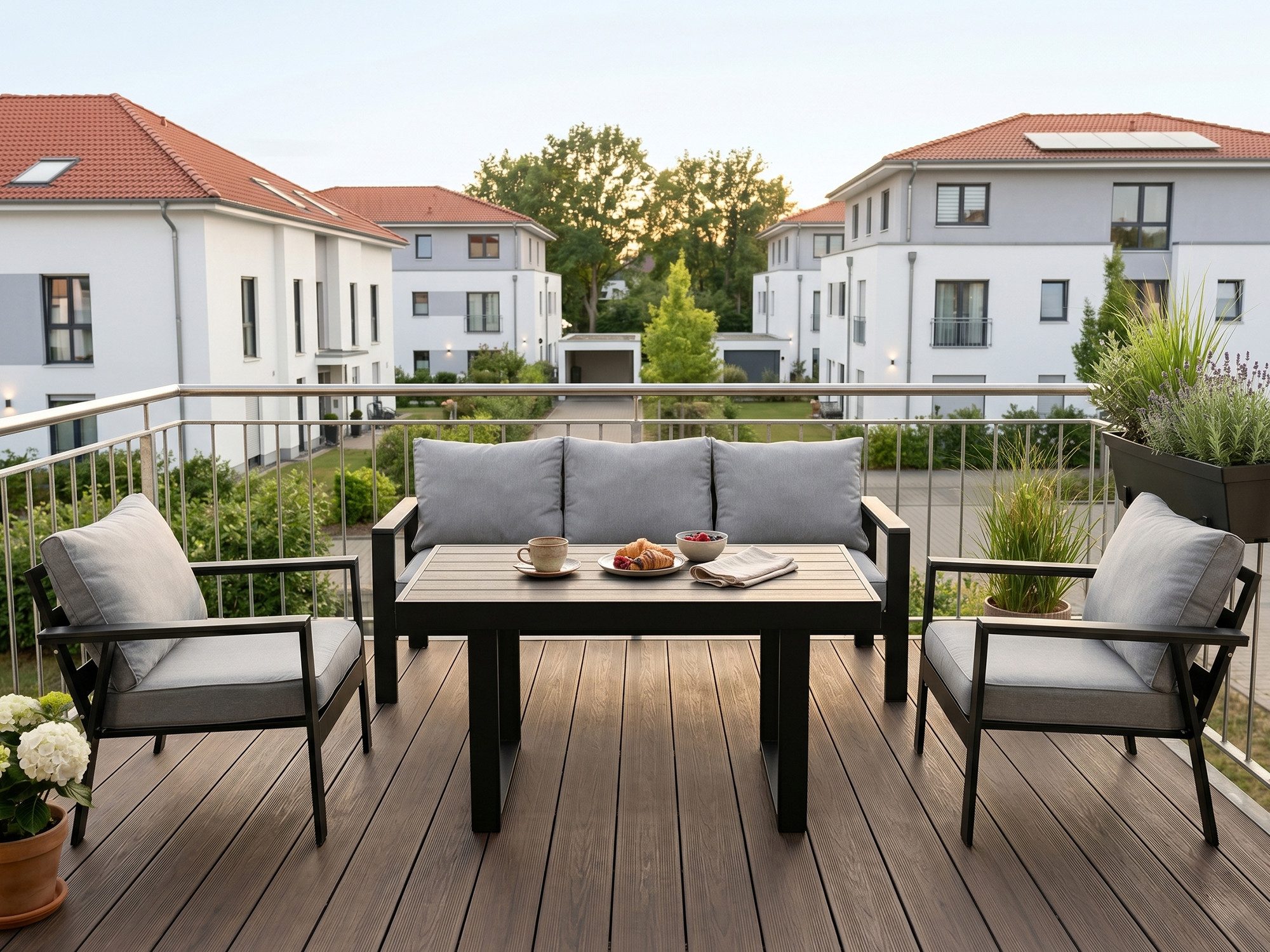 MeXo Gartenlounge-Set Aluminium 5-6 Personen, (Wetterfestes Gartenmöbel Set, mit Dicken Kissen & Großem Esstisch, 4-tlg., Belastbarkeit pro Sitzplatz 140kg), Gemütliche Sitzgruppe für Terrasse, Balkon & Garten