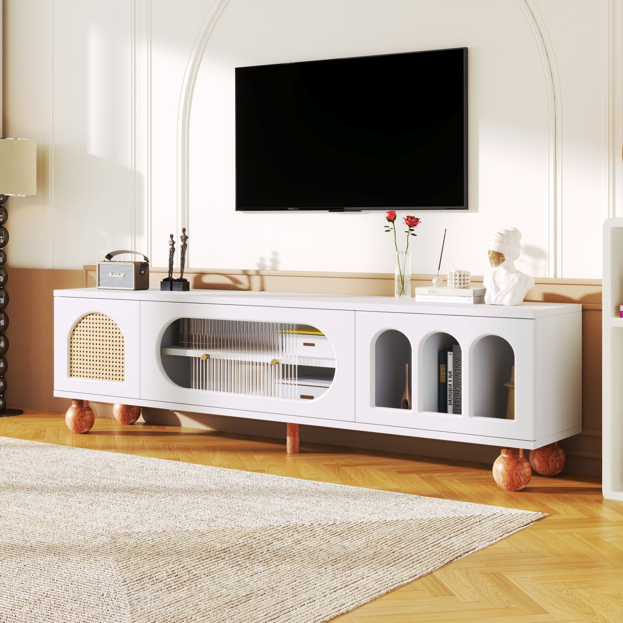 Merax Lowboard mit Rattantür und Glastüren, TV-Schrank mit Stauraum,TV-Board Landhaus,Fernsehtisch,Breite:170cm