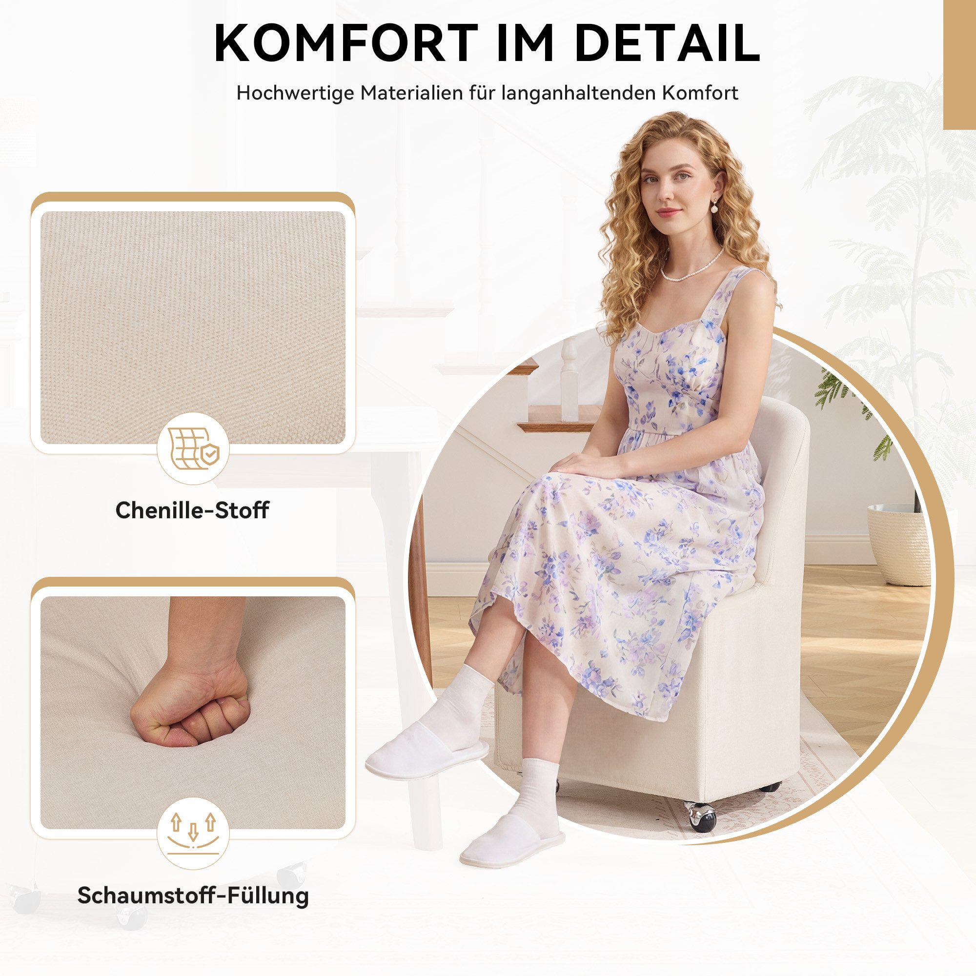 BlingBin Polsterstuhl 2er-Set Esszimmerstühle, Küchenstühle, weich gepolstert mit Chenille (2 Stück, 2 St), Polsterstuhl mit Universalrollen, Rückenlehne, abnehmbarem Bezug