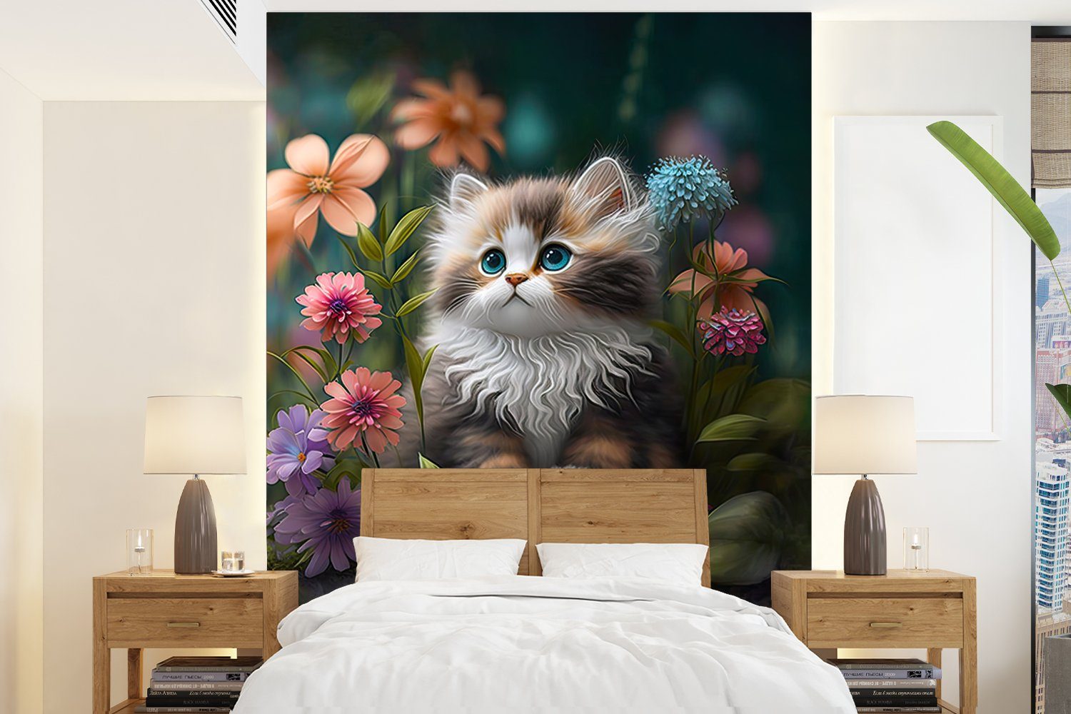 MuchoWow Illustration - - Tapete - bedruckt, Katze, Kätzchen Wohnzimmer, St), Natur Montagefertig (4 Fototapete Blumen Wandtapete Vinyl - Matt, für