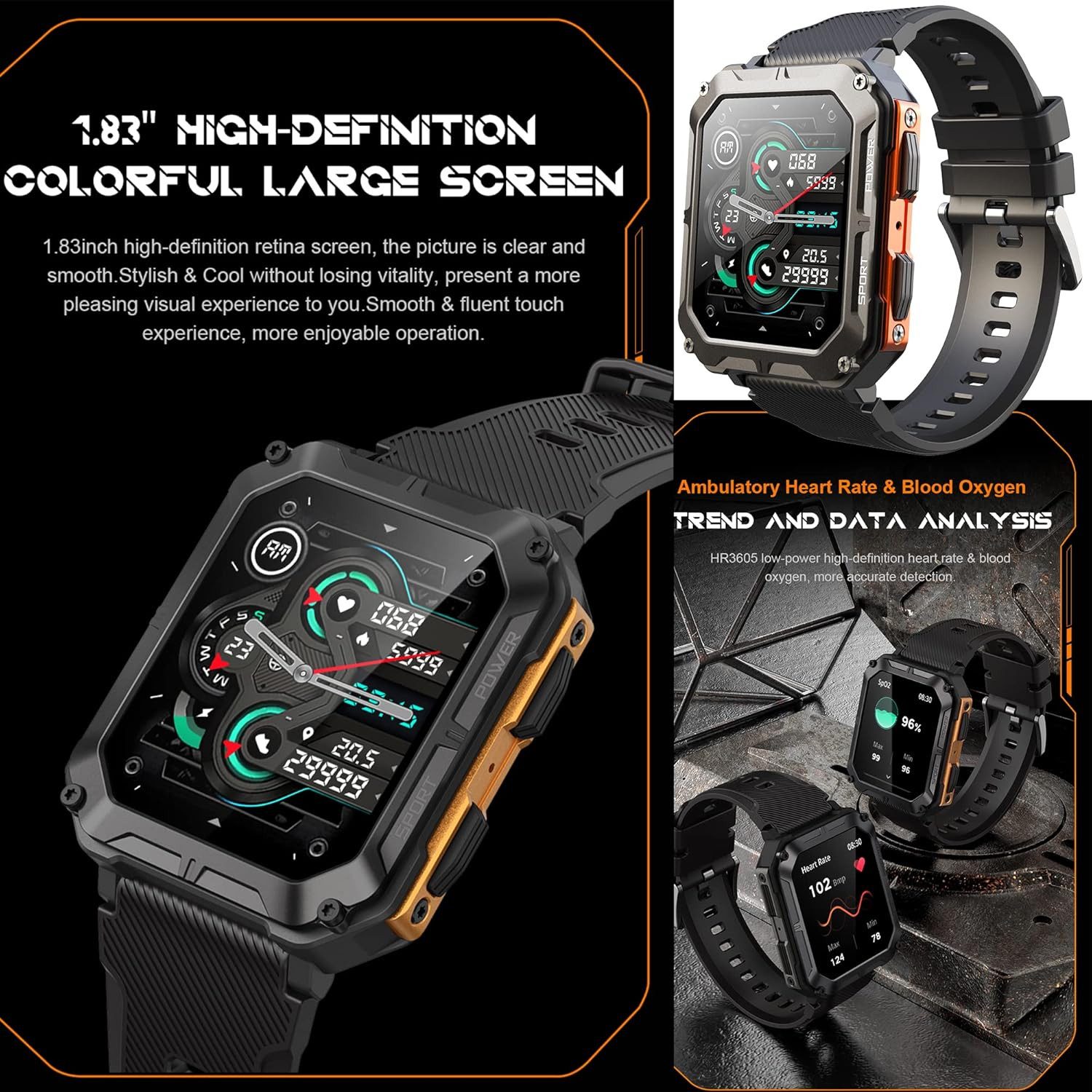 SGDDFIT Smartwatch (4,5 cm, android ios), Smartwatch Herren mit 1.81" HD Display, Bluetooth Anrufen