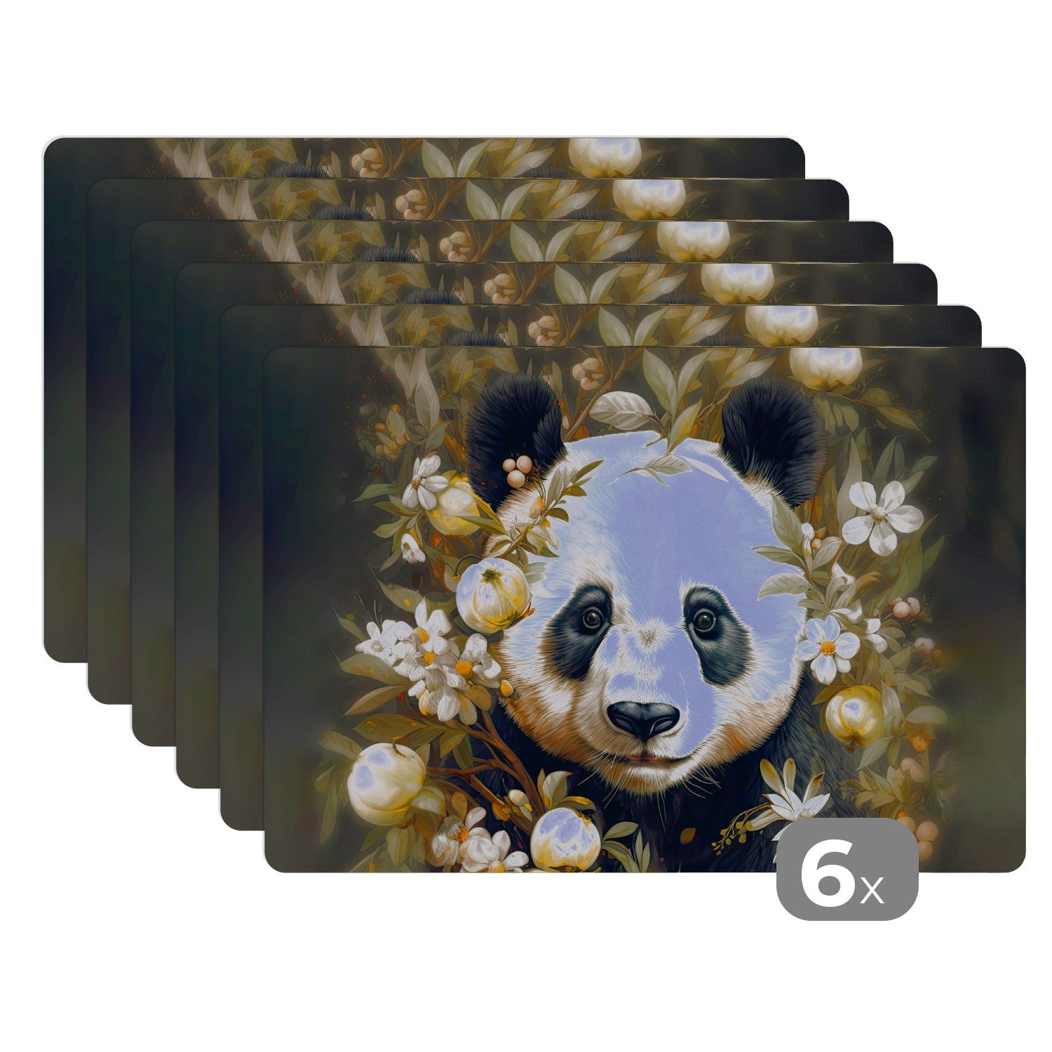Platzset, Panda - Pandabär - Wildtiere - Blumen, MuchoWow, (6-St), Platzset, Platzdecken, Platzmatte, Tischmatten, Schmutzabweisend