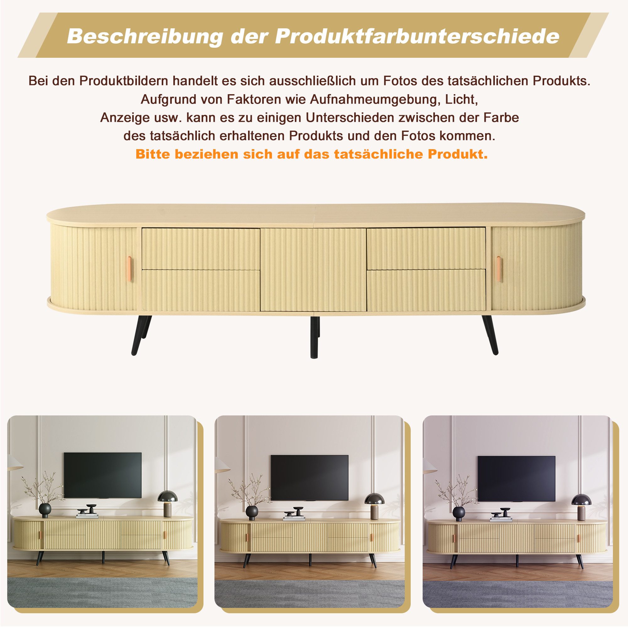 Merax Lowboard Ovaler TV-Ständer mit Vertikalen Streifen (1 St), TV-Schrank mit 4 Schubladen, 2 Rollladentüren & Stauraum, 180x40x45cm – Bild 4 von 5