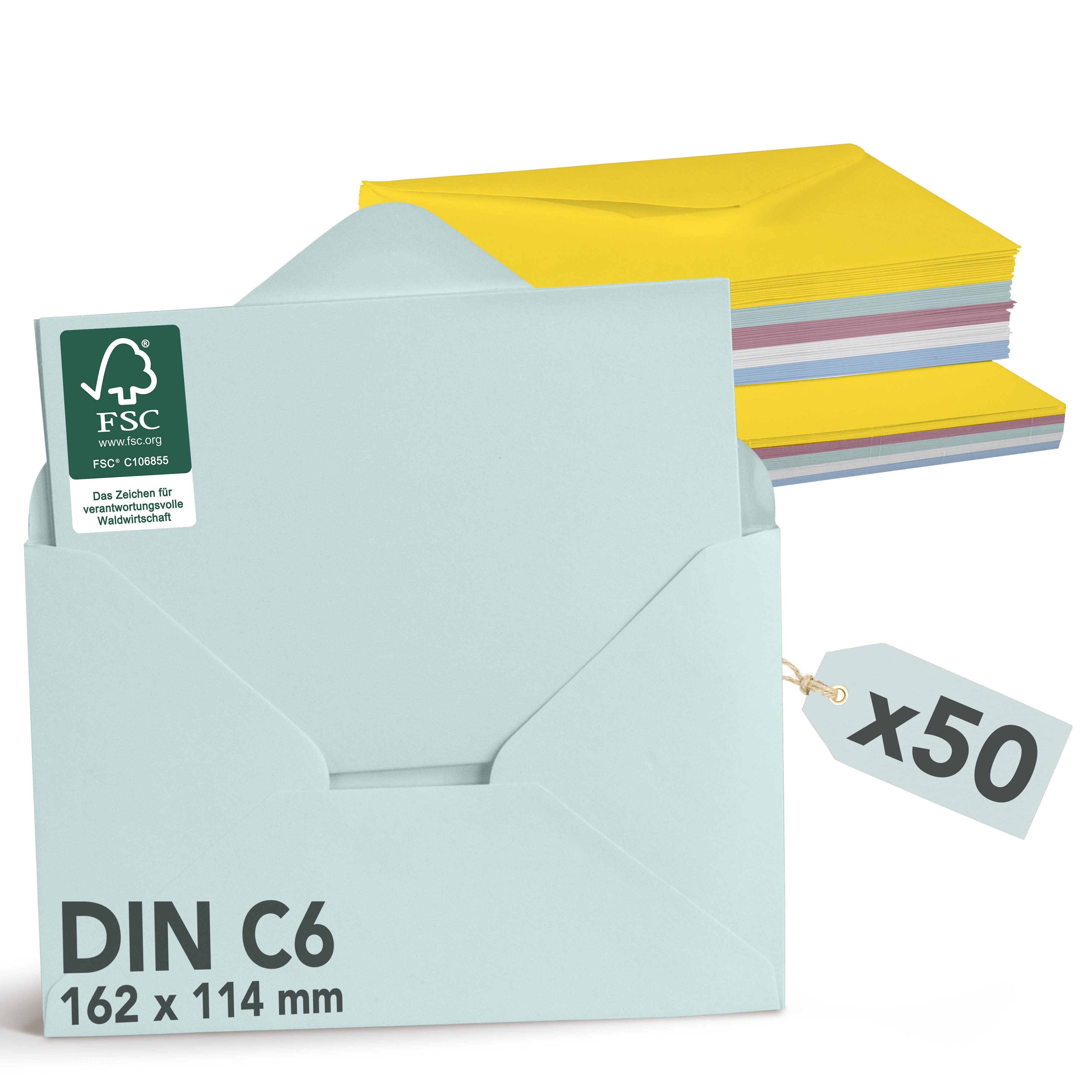 Falinko Briefumschlag 50x Faltkarten mit Umschlag Pastell Farbmix, Din A6/C6 I Grußkarten mit Umschlag Pastel (Kraftpapier, 50er Set)