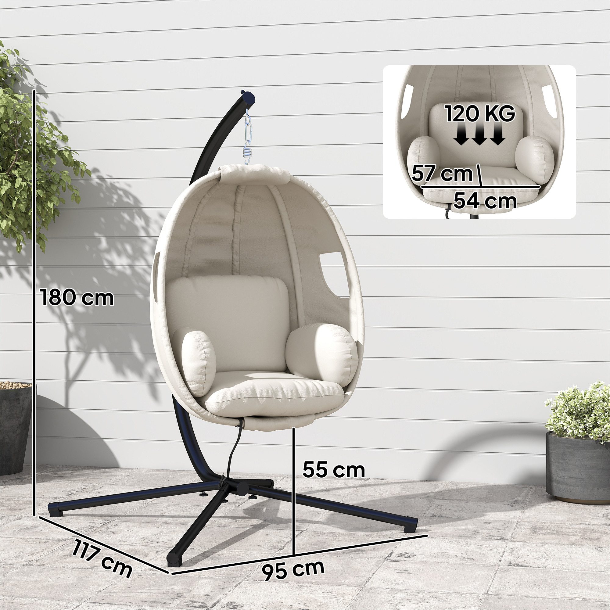 Outsunny Hängesessel mit dick Sitzpolstern, verstellbarer Höhe, Sicherheitsgurt (Eiförmiger Hängeschaukel, 1-St., faltbar Hängekorb), für Indoor Outdoor Garten Hellgrau
