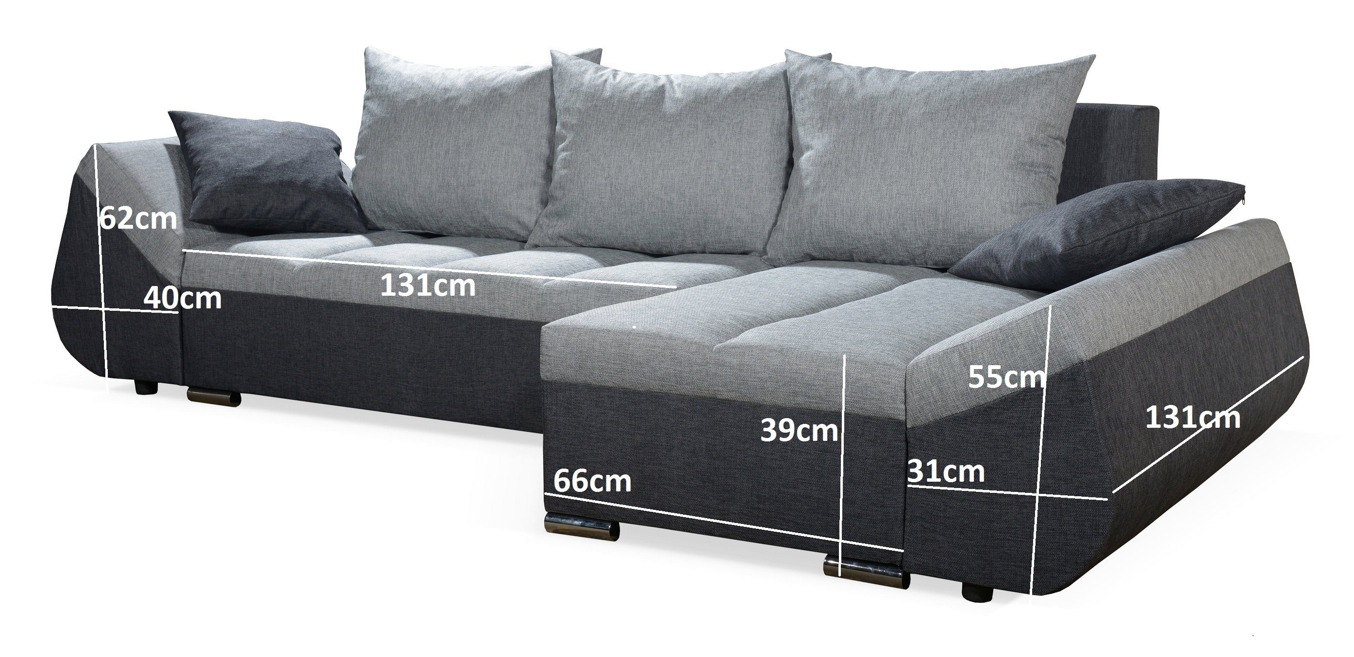 Fun Möbel Ecksofa Schlafsofa Sofa mane, Schwarz-Gelb und mit Bettkasten Mit Zierkissen, Stoff inkl. in KLEO Rückenkissen