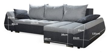 Fun Möbel Ecksofa Schlafsofa Sofa KLEO in Stoff mit Ottomane, inkl. Rückenkissen und Zierkissen, Mit Bettkasten