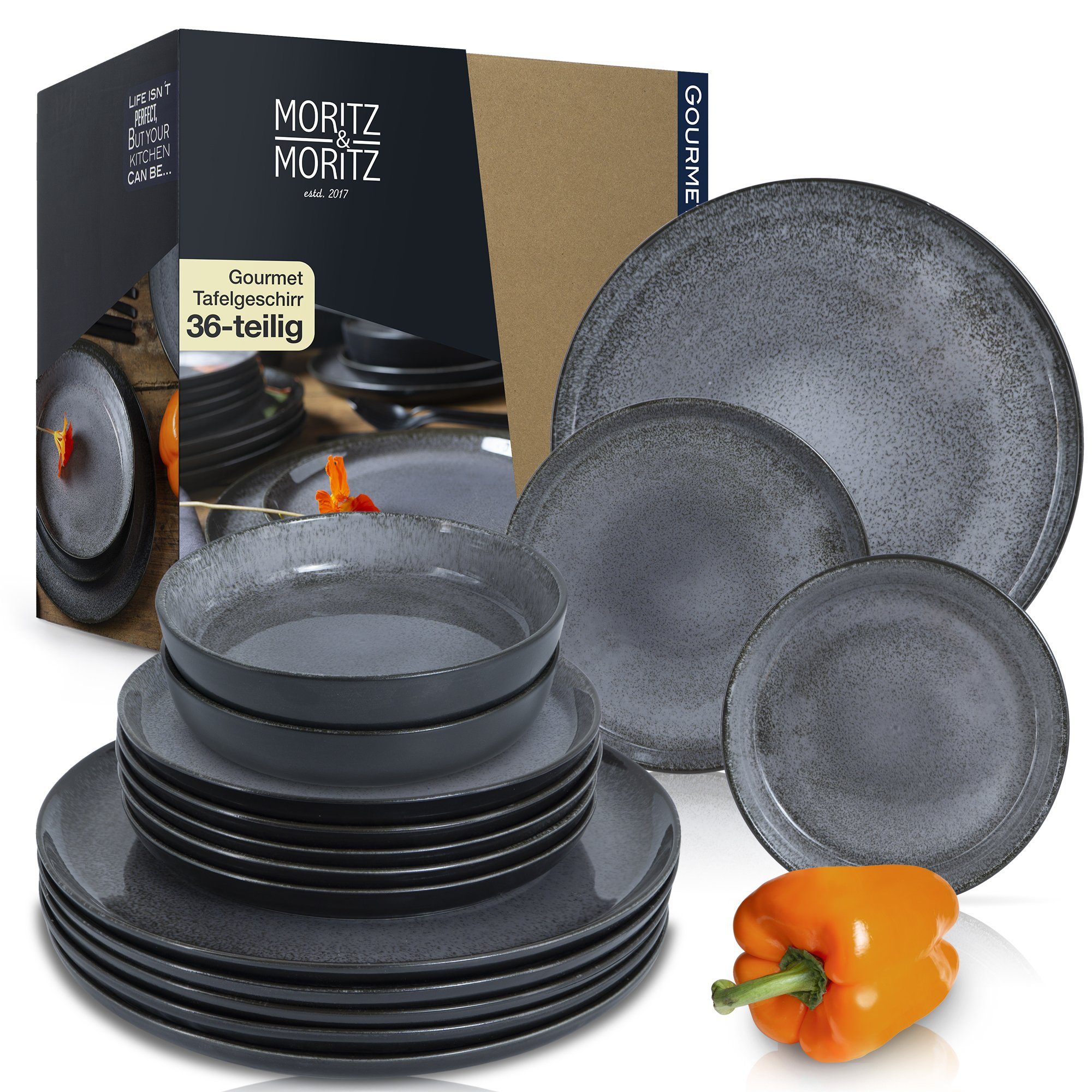 Moritz & Moritz Tafelservice Geschirr Set VIDA (36-tlg), 12 Personen,  Kombigeschirr für 12 Personen, 12 Dinnerteller 27 x 2 cm