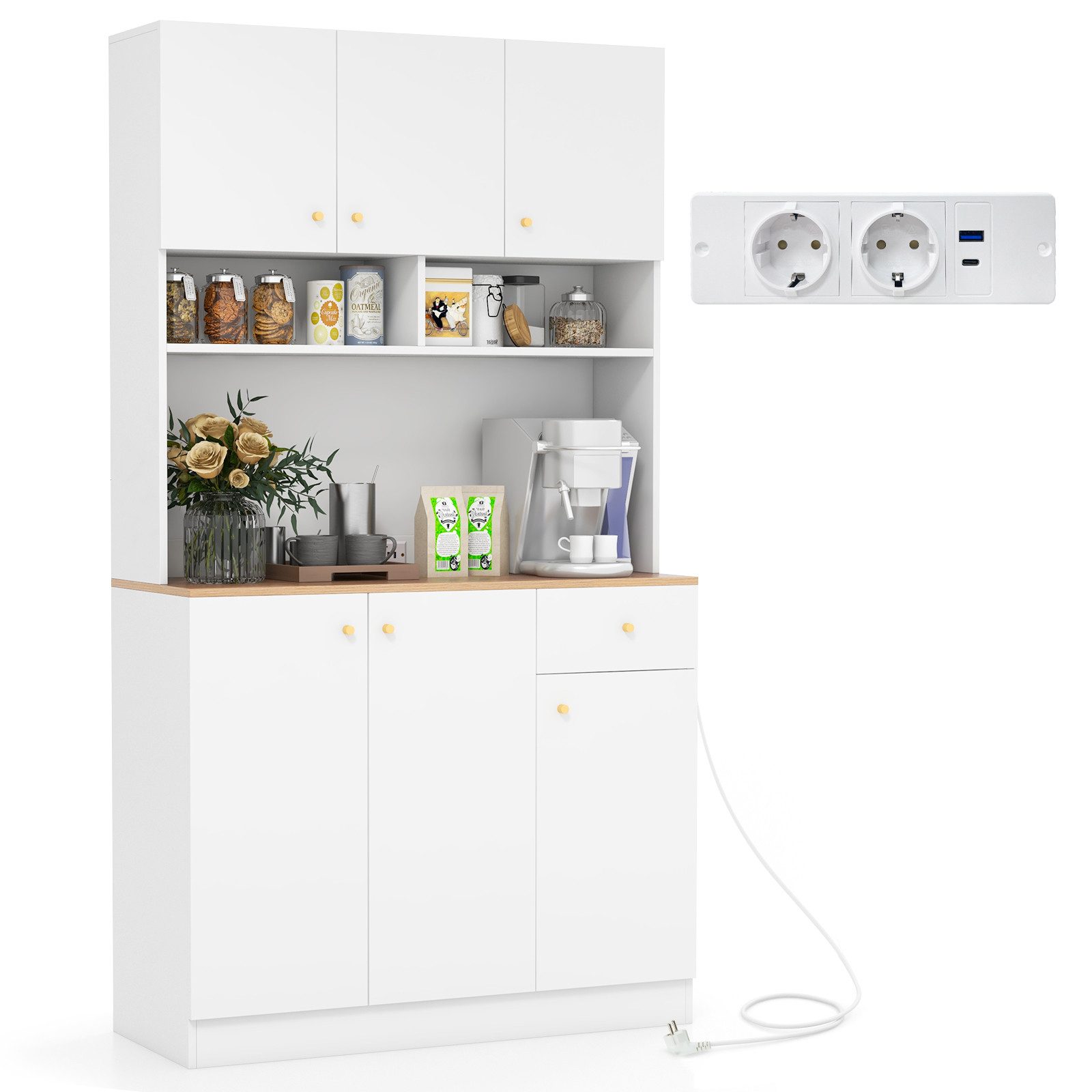 COSTWAY Küchenbuffet Küchenschrank mit Steckdosen, Arbeitsplatte, 180cm weiß