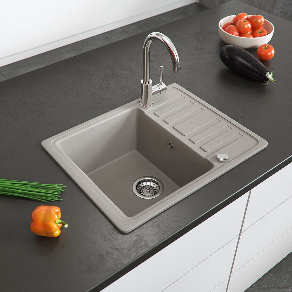 Bergstroem Granitspüle, Beige, 58 x 46 cm mit Trockenplatz, Rechteckig, 57.5/46 cm, beidseitig montierbar