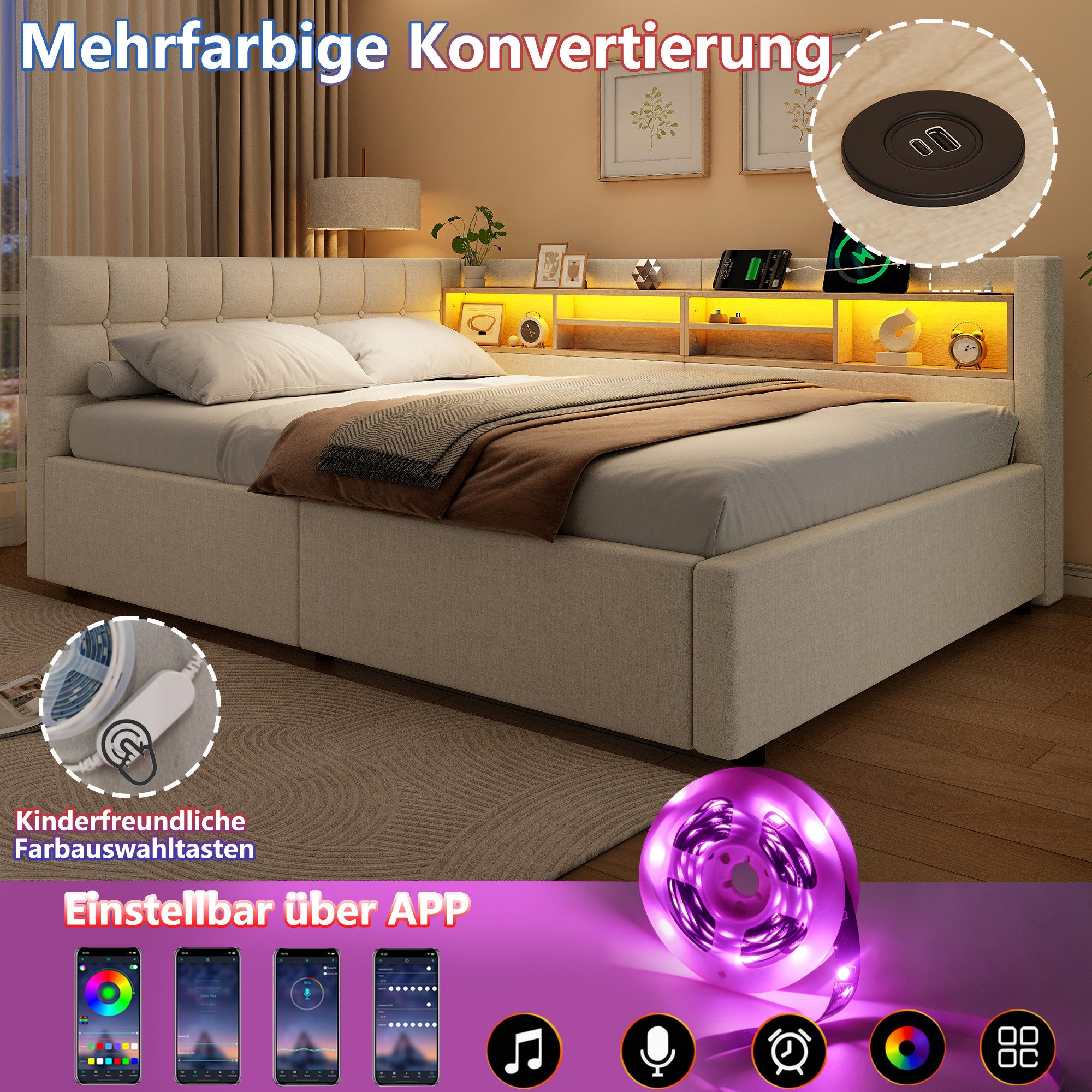 Merax Daybett mit LED-Beleuchtung & USB-Anschluss, Polsterbett mit Leinenbezug (Schlafsofa Jugendbett, 1 tlg), Tagesbett 140x200cm mit hydraulischem Stauraum &  – Bild 4 von 5