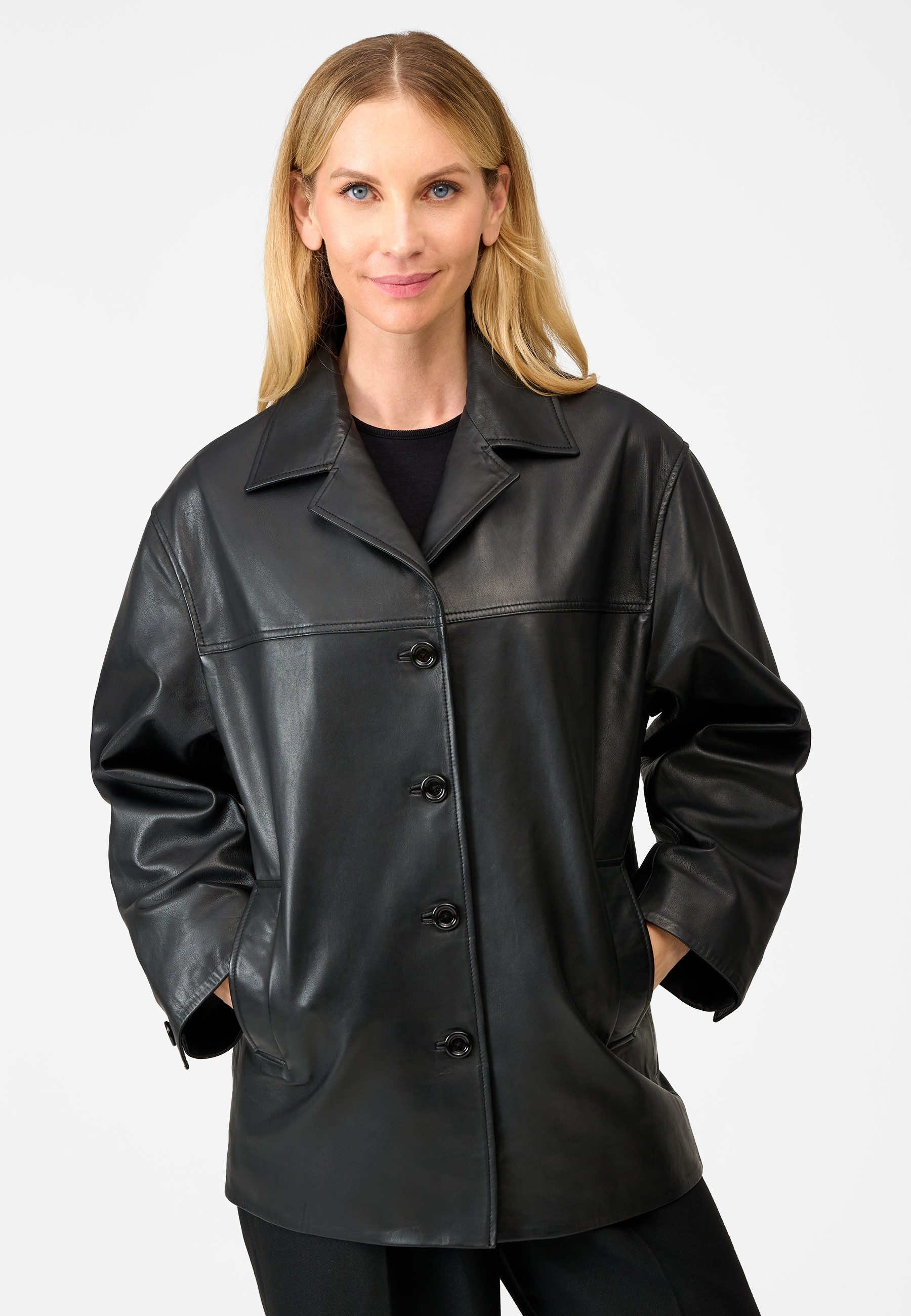 RICANO Lederjacke Beatrice Handmade Ledermantel mit Reverskragen, Zebra Knöpfen & Pattentaschen.