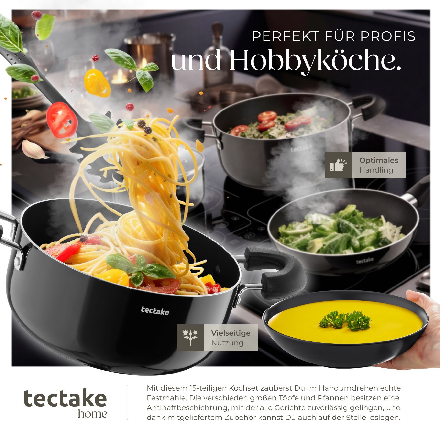 tectake Kochbesteck-Set Küchenstarterset aus Steingut, Inkl. 5 Küchenwerkzeugen (Geschirrset Una/Varese, 39-tlg., Kochtopf), Spülmaschinengeeignet, zur Pflege empfehlen wir Handwäsche