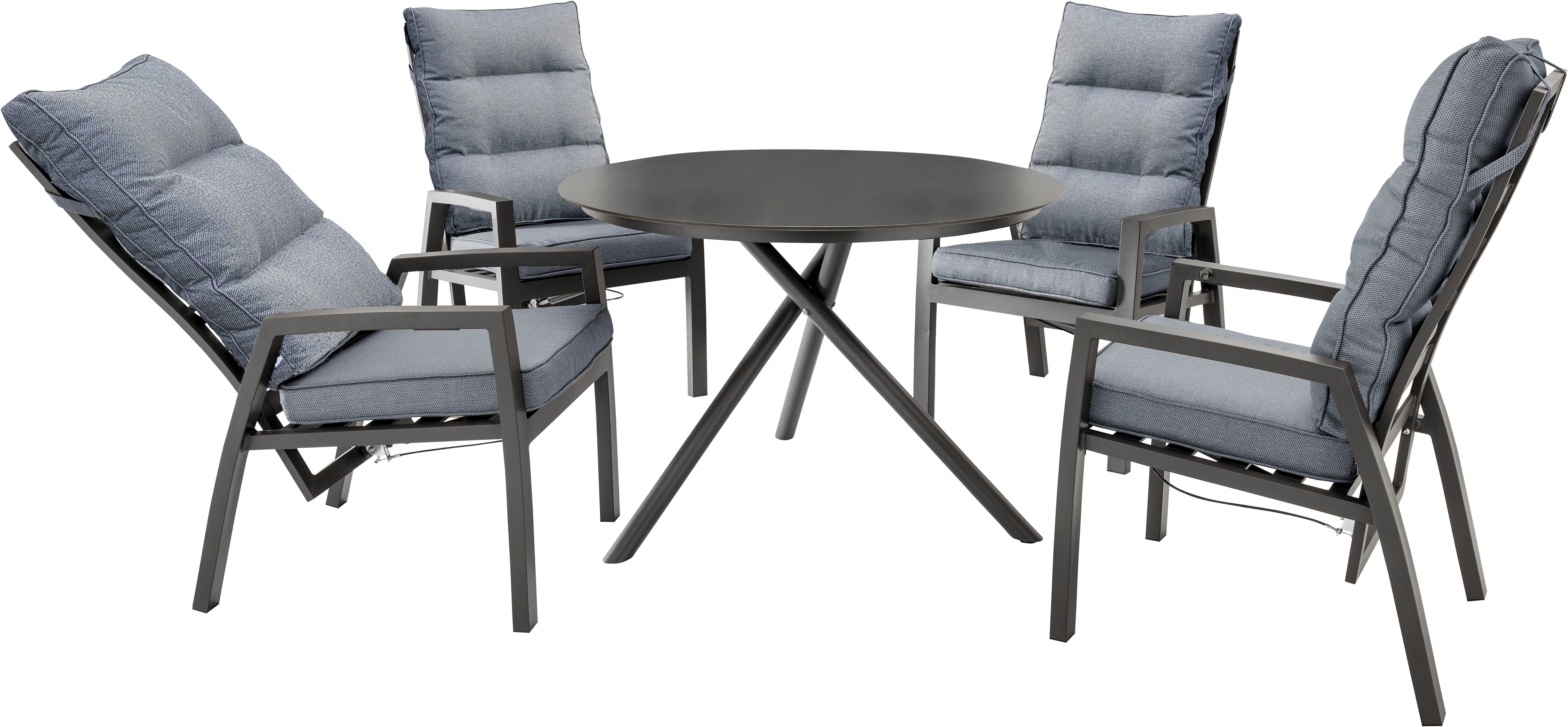 Destiny Garten-Essgruppe GARDA BARLETTA 4 HL + Tisch Ø110 cm, anthrazit, (Set, 9-tlg., 4 Hochlehner stufenlos verstellbar, inkl. Polster, 1 Tisch), Aluminium, HPL