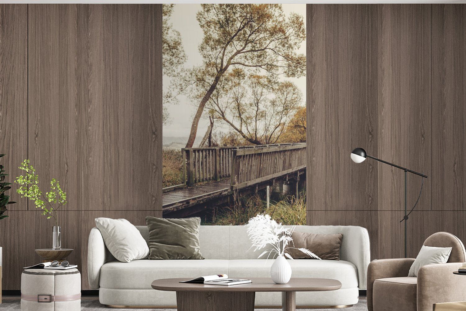 MuchoWow bedruckt, Fototapete Wohnzimmer (2 Küche, Brücke Schlafzimmer Vliestapete - Herbst - Bäume, Matt, für Fototapete St),