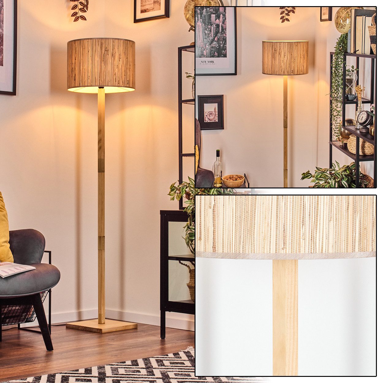 Stehlampe Stehlampe mit Holzfuß und Schirm aus Seegras