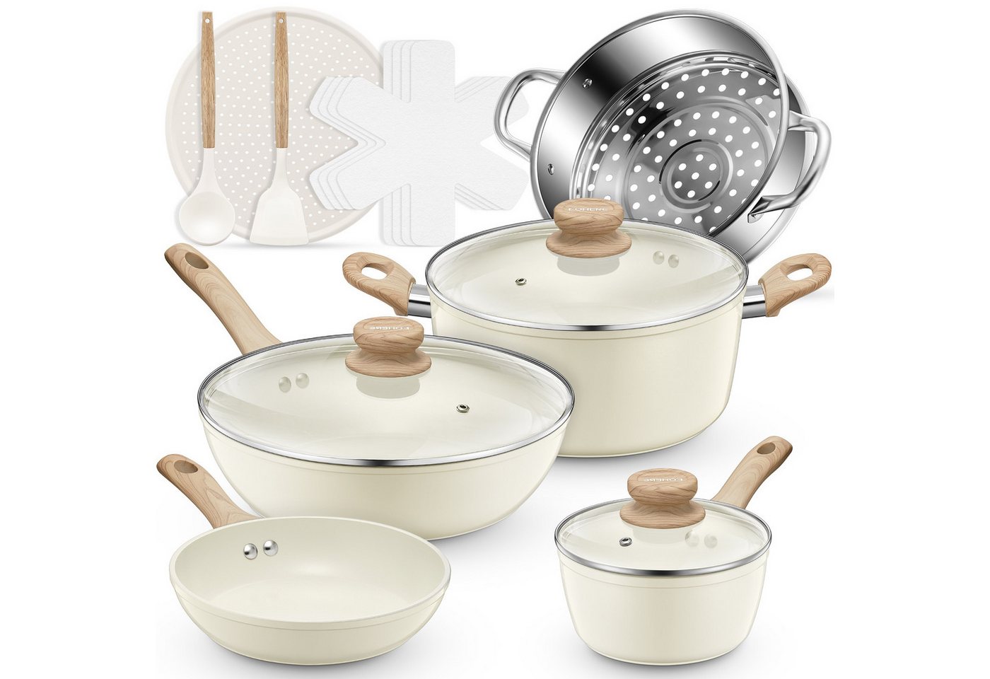 FOHERE Pfannen-Set 15-teiliges antihaftbeschichtetes Keramik-Topf- und Pfannenset, Aluminium (15-tlg), mit stapelbarem Aufbewahrungsdesign, 4 Pfannenschutze