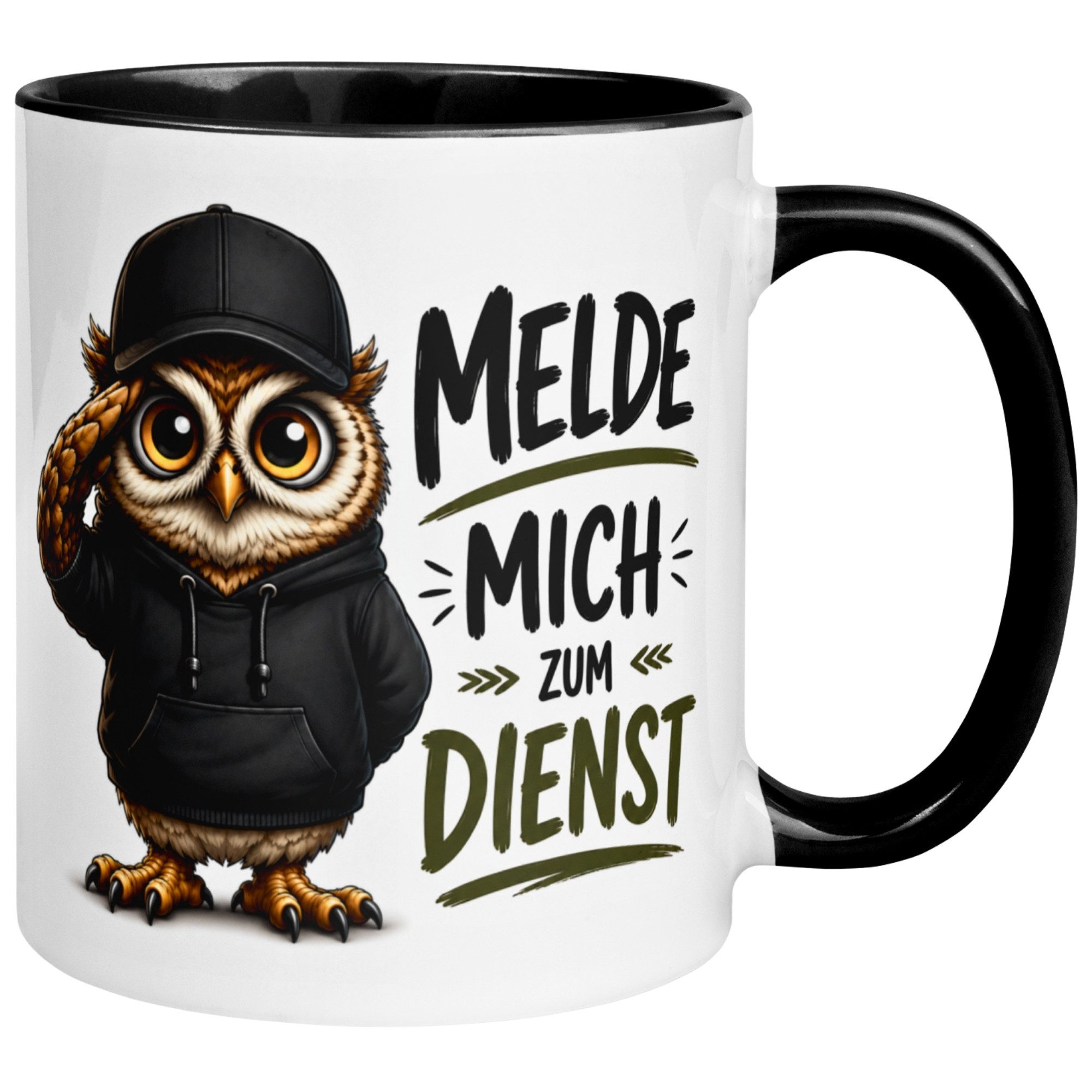 Momentals Tasse Eule – Melde mich zum Dienst – lustiges Eulen Geschenk Morgenmuffel, Gratis Versand · Links-&Rechtshänder · Spülmaschinenfest