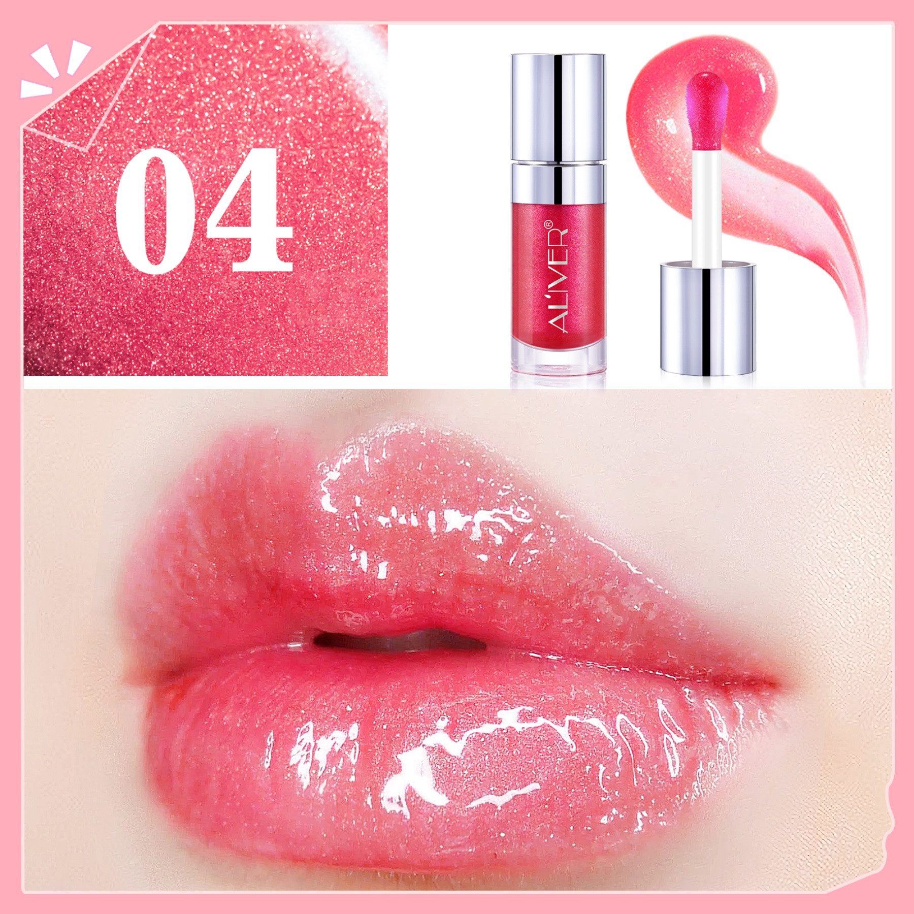 ALIVER Lippenstift Lipgloss Lippencreme Feuchtigkeitsspendender mit 3D Volumeneffekt, Lippenstift, Lip Glow, Glass-Lips-Effekt, Kirschkernöl