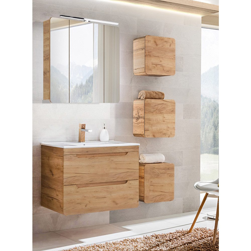 Lomadox Badmöbel-Set LUTON-56-CRAFT, (Spar-Set, 5-St), mit 80 cm Keramik-Waschtisch Wotan Eiche Nb. 130/200/46 cm